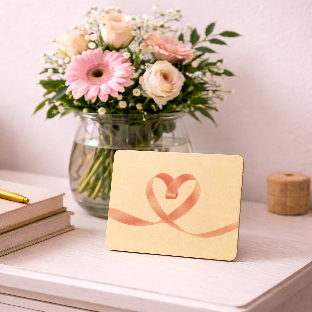 Herz Schleifenband Postkarte aus Holz
