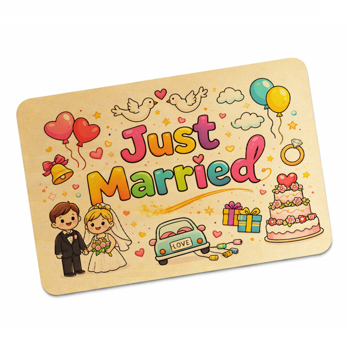 Just Married Regenbogen Hochzeit Postkarte aus Holz