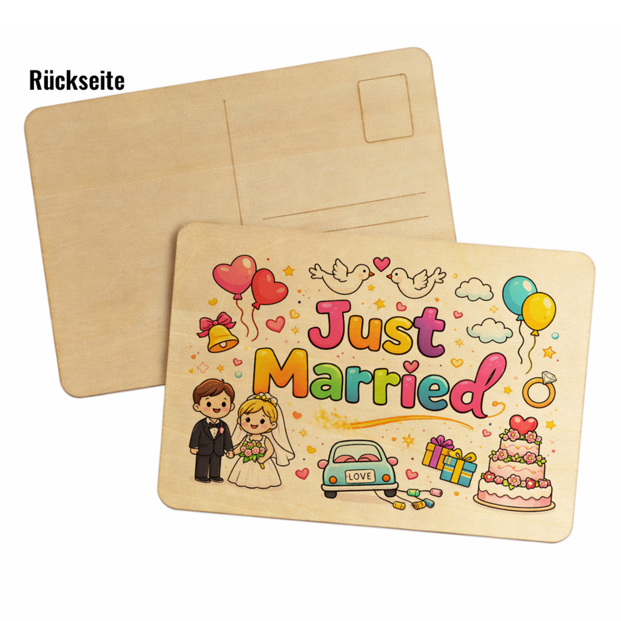 Just Married Regenbogen Hochzeit Postkarte aus Holz