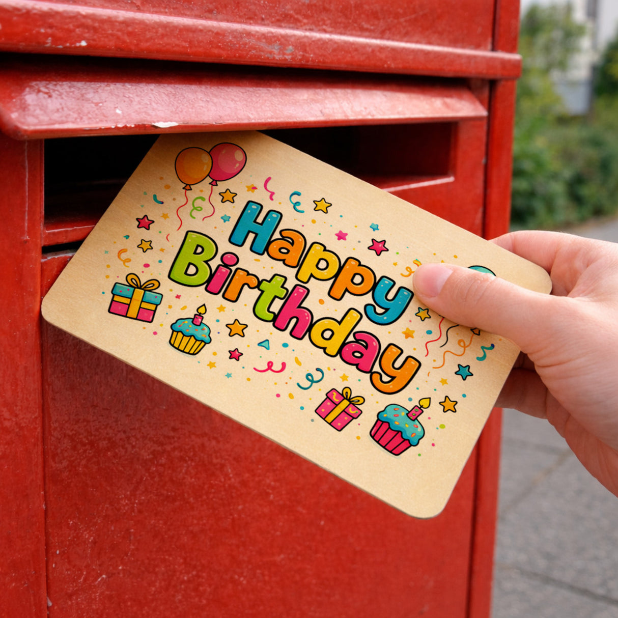 Happy Birthday Luftballons Postkarte aus Holz Kindergeburtstag