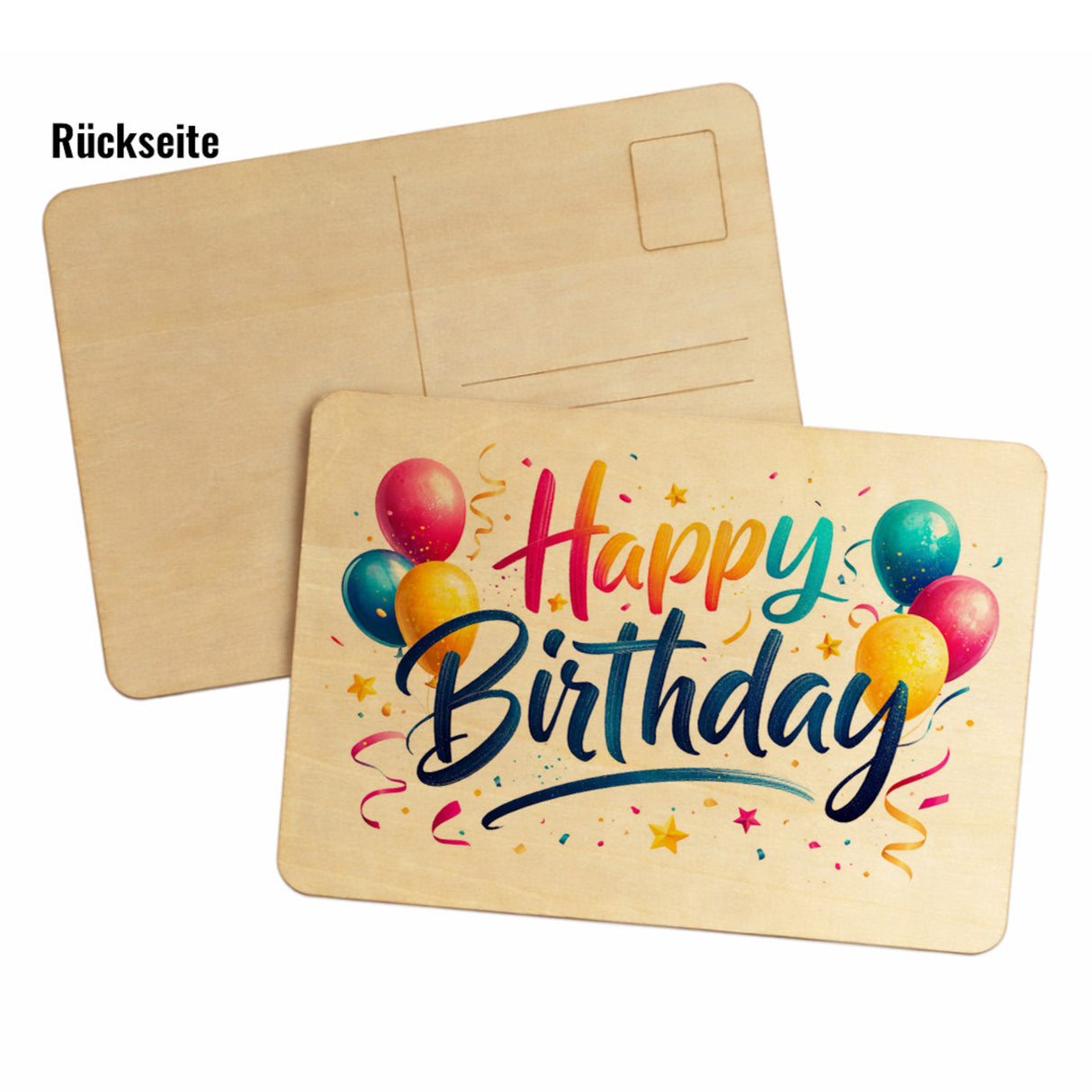 Happy Birthday Postkarte aus Holz mit Ballons