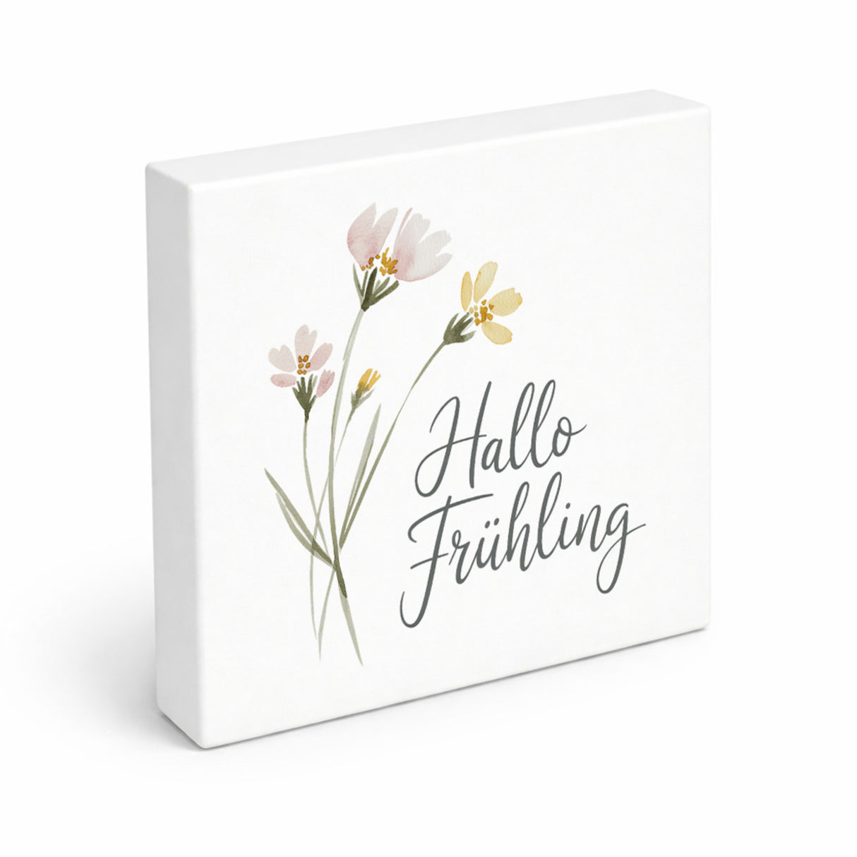 Aquarellblumen Hallo Frühling Holzbild in 10x10 cm zum Stellen oder Aufhängen für Dekofans