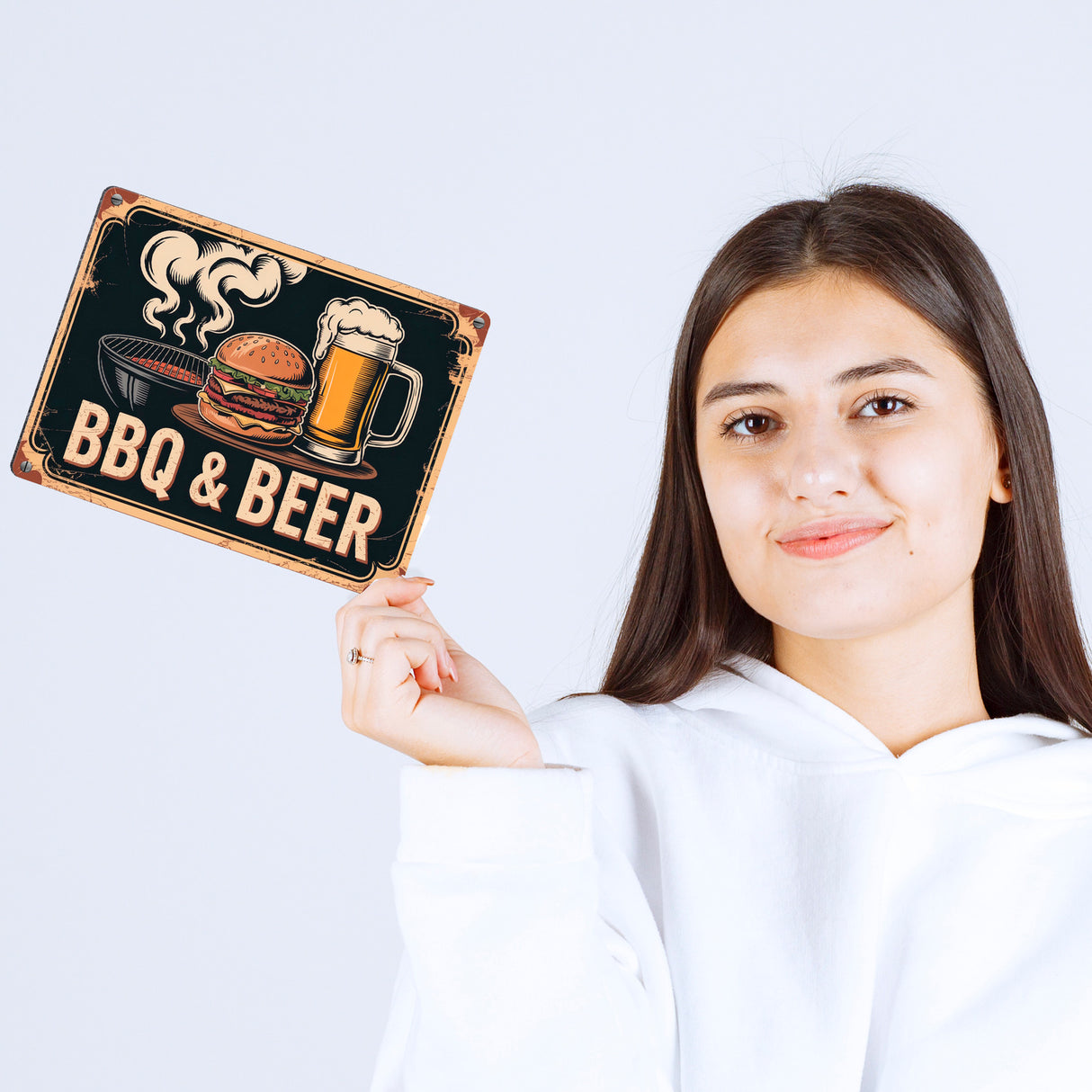 Burger und Bier Metallschild in 15x20 cm BBQ und Beer Vintage