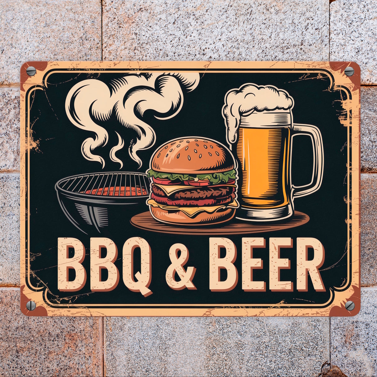 Burger und Bier Metallschild in 15x20 cm BBQ und Beer Vintage