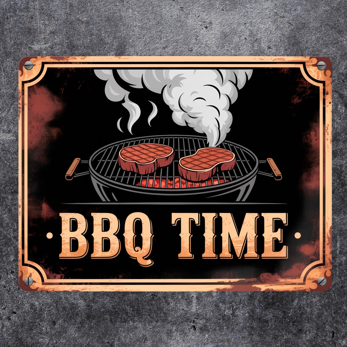Grill mit Steaks Metallschild in 15x20 cm BBQ Time
