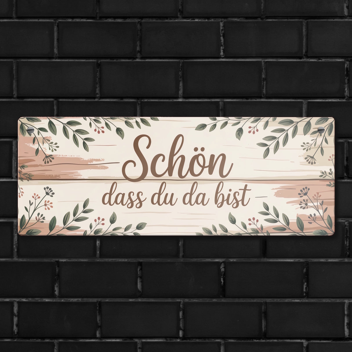 Schön dass du da bist Metallschild Botanische Blätter