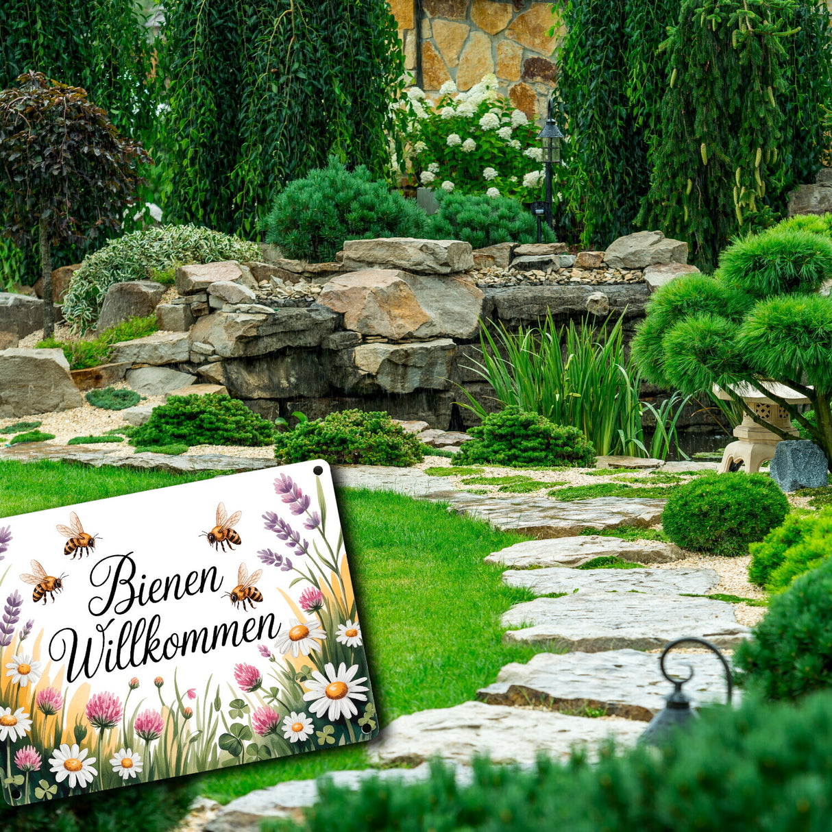 Wildblumenwiese Bienen willkommen Metallschild in 15x20 cm