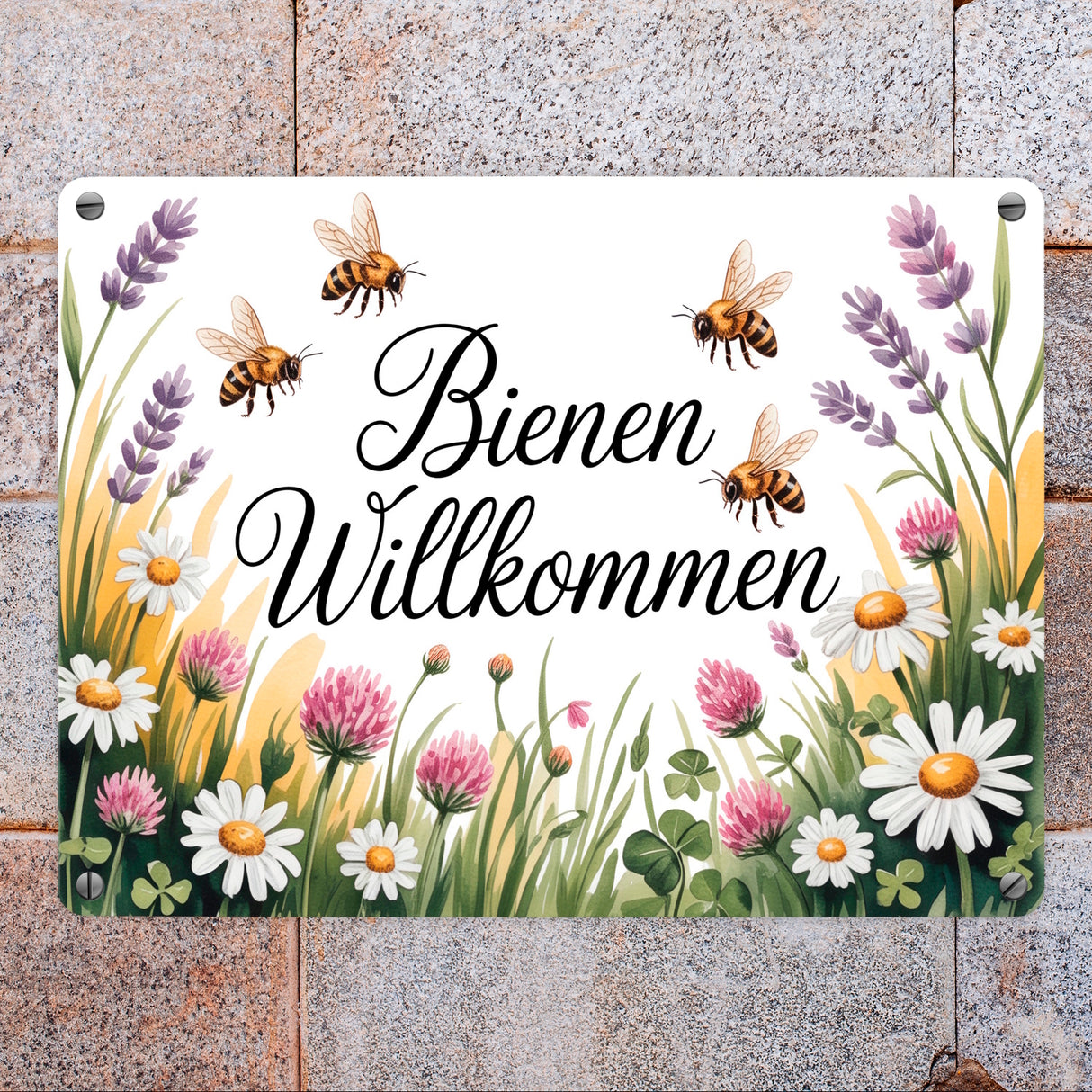 Wildblumenwiese Bienen willkommen Metallschild in 15x20 cm