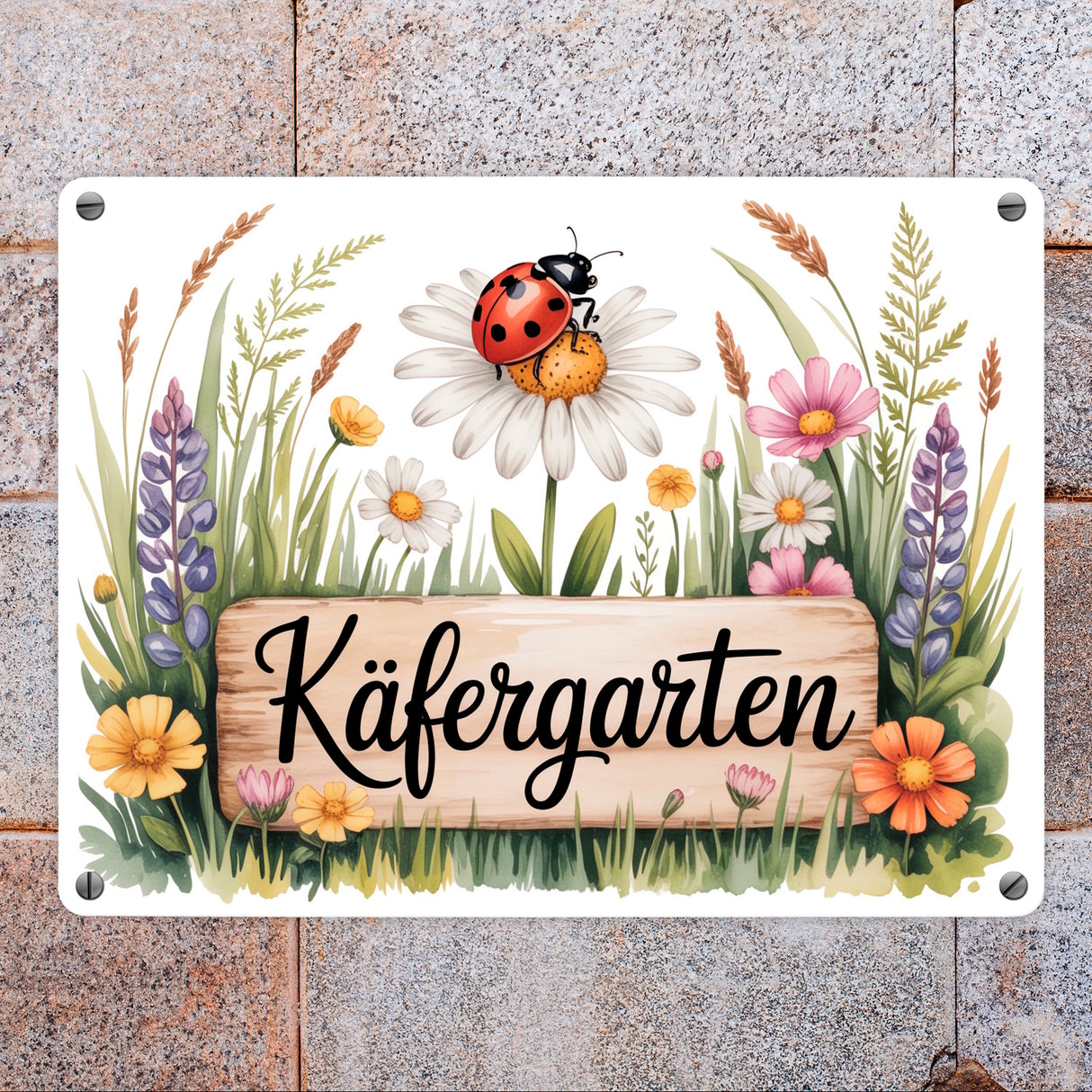 Käfergarten Marienkäfer auf Blume Metallschild in 15x20 cm Cottage-Garten