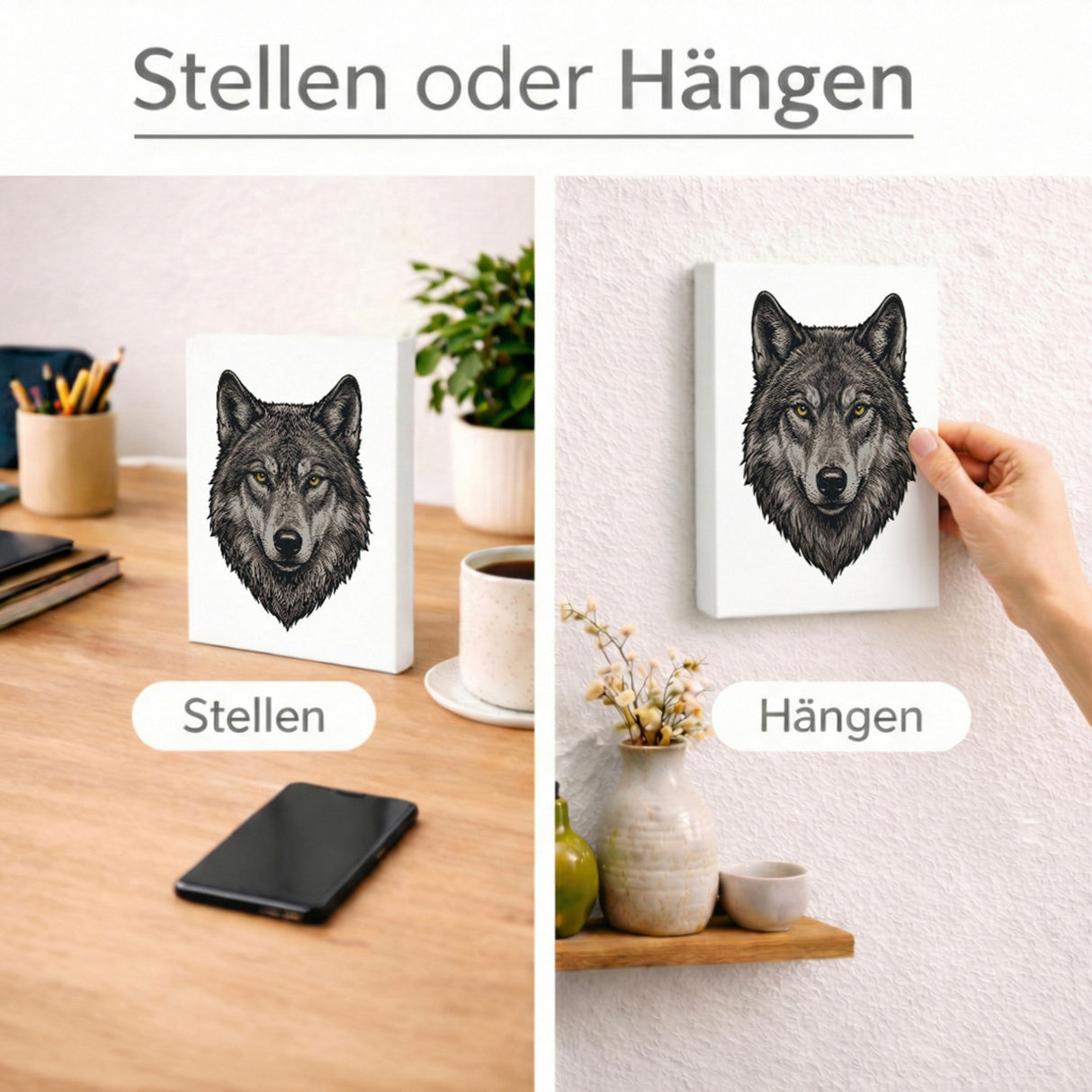 Grauer Wolf Holzbild in 20x15 cm zum Stellen oder Aufhängen für Naturliebhaber