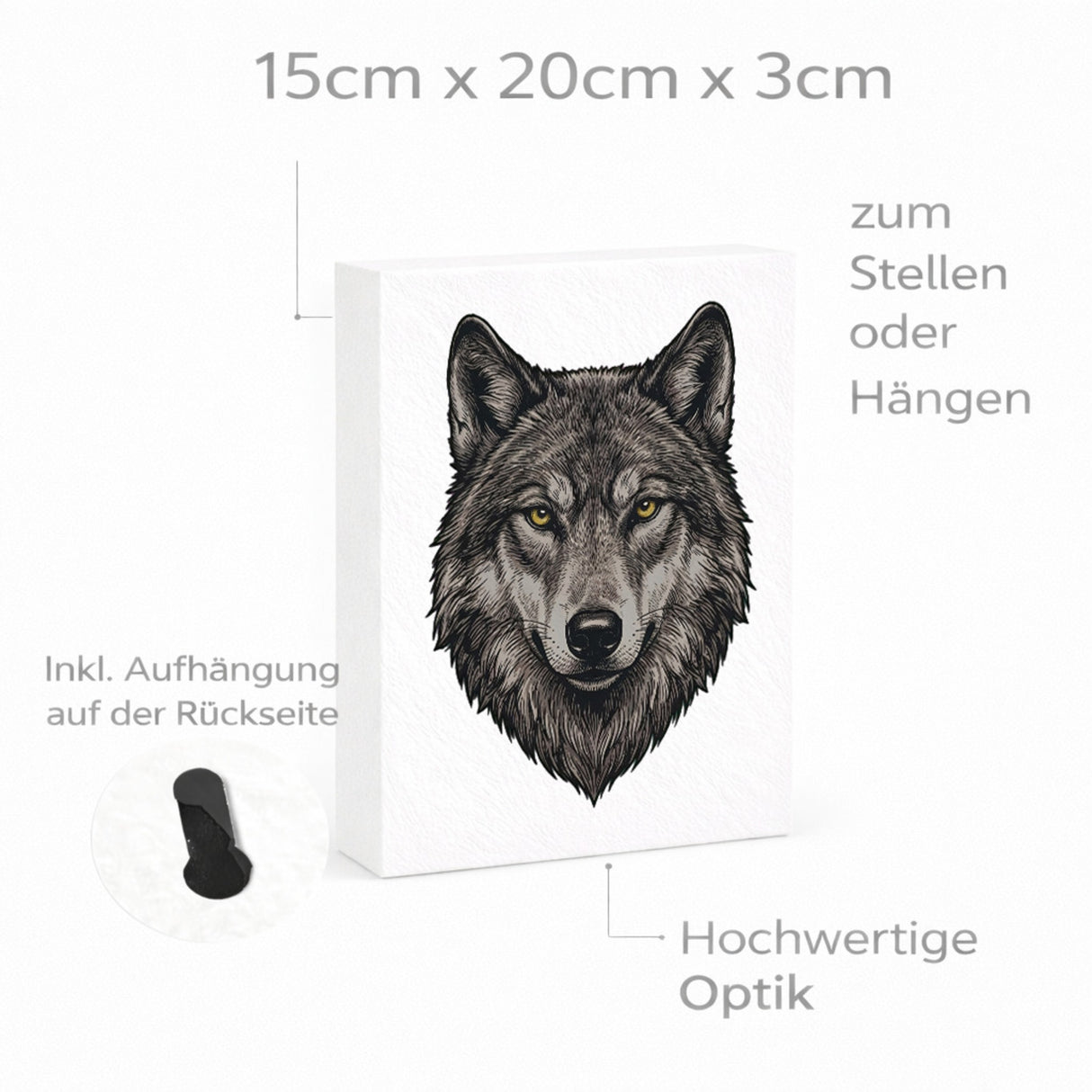 Grauer Wolf Holzbild in 20x15 cm zum Stellen oder Aufhängen für Naturliebhaber