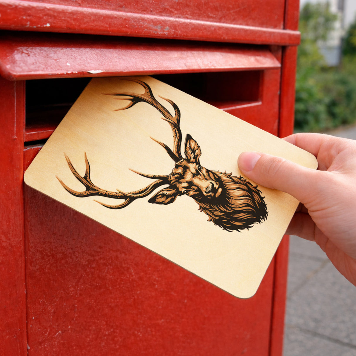 Hirsch mit prächtigem Geweih Postkarte aus Holz für Naturfans