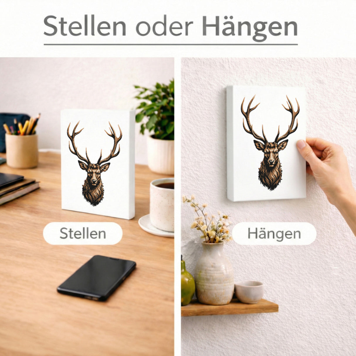 Hirsch mit prächtigem Geweih Holzbild in 20x15 cm zum Stellen oder Aufhängen für Naturfans