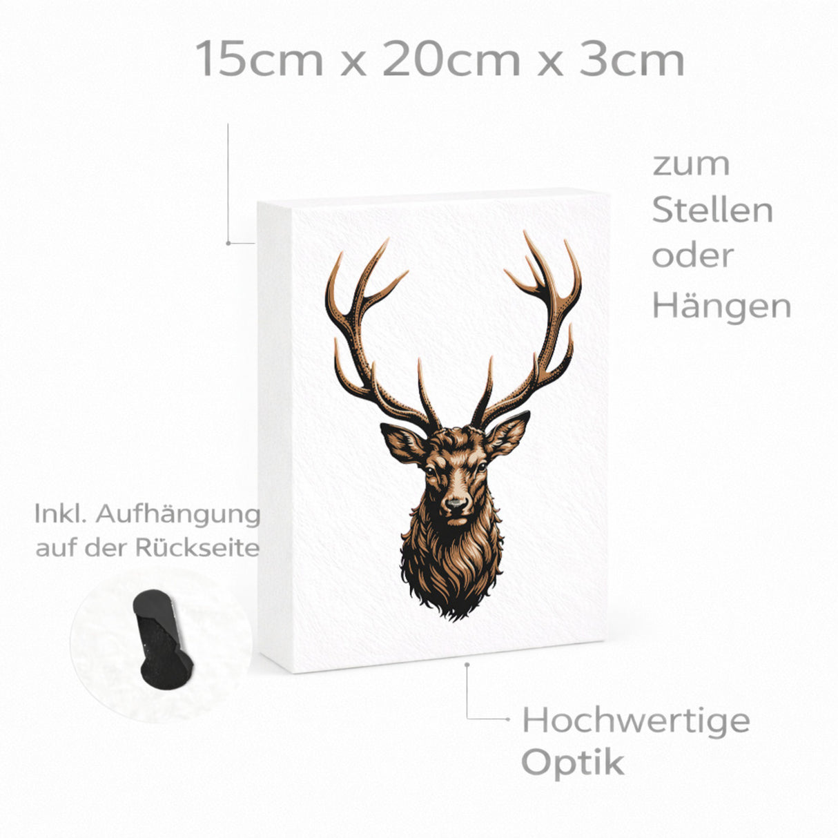Hirsch mit prächtigem Geweih Holzbild in 20x15 cm zum Stellen oder Aufhängen für Naturfans