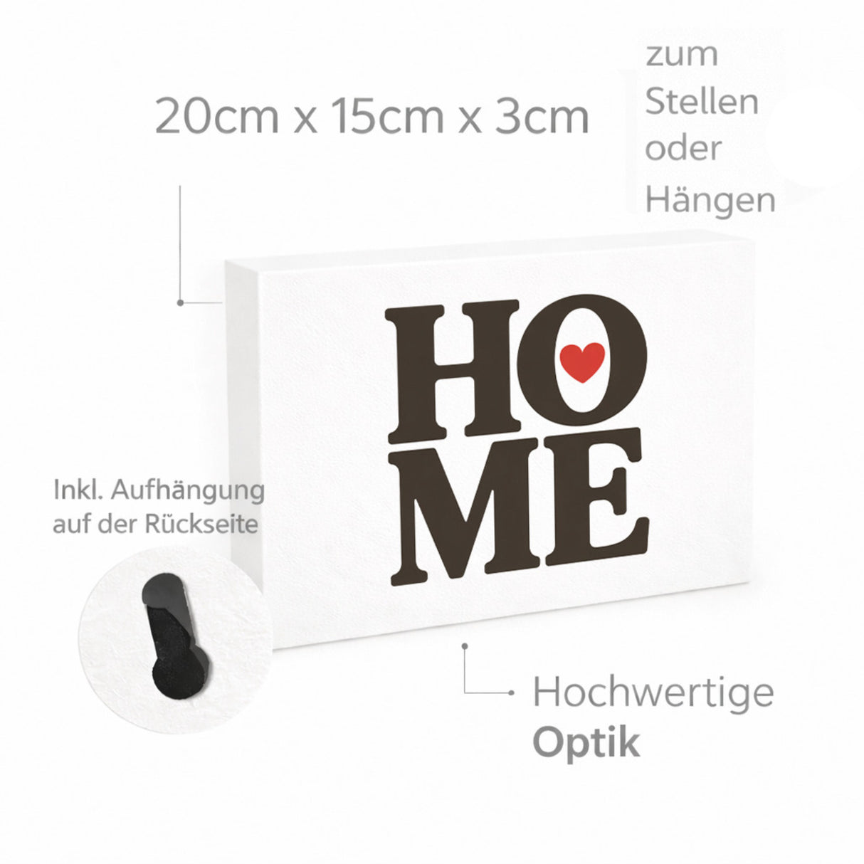 HOME Herz Holzbild in 20x15 cm zum Stellen oder Aufhängen für Wohnräume