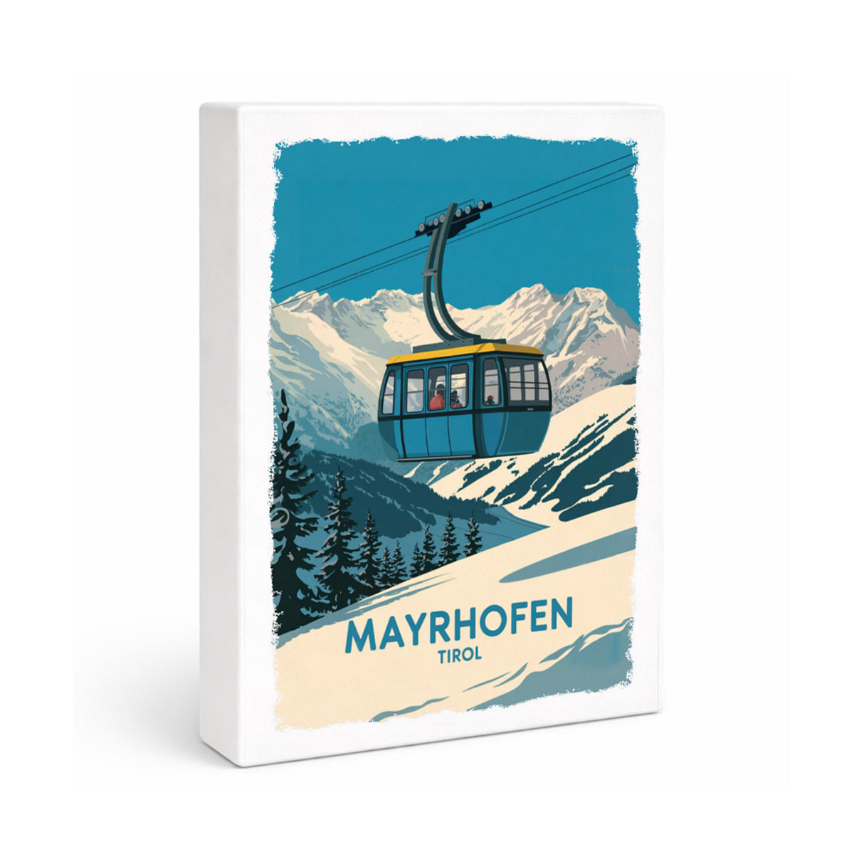 Mayrhofen Tirol Holzbild in 20x15 cm zum Stellen oder Aufhängen mit blau-gelber Seilbahn