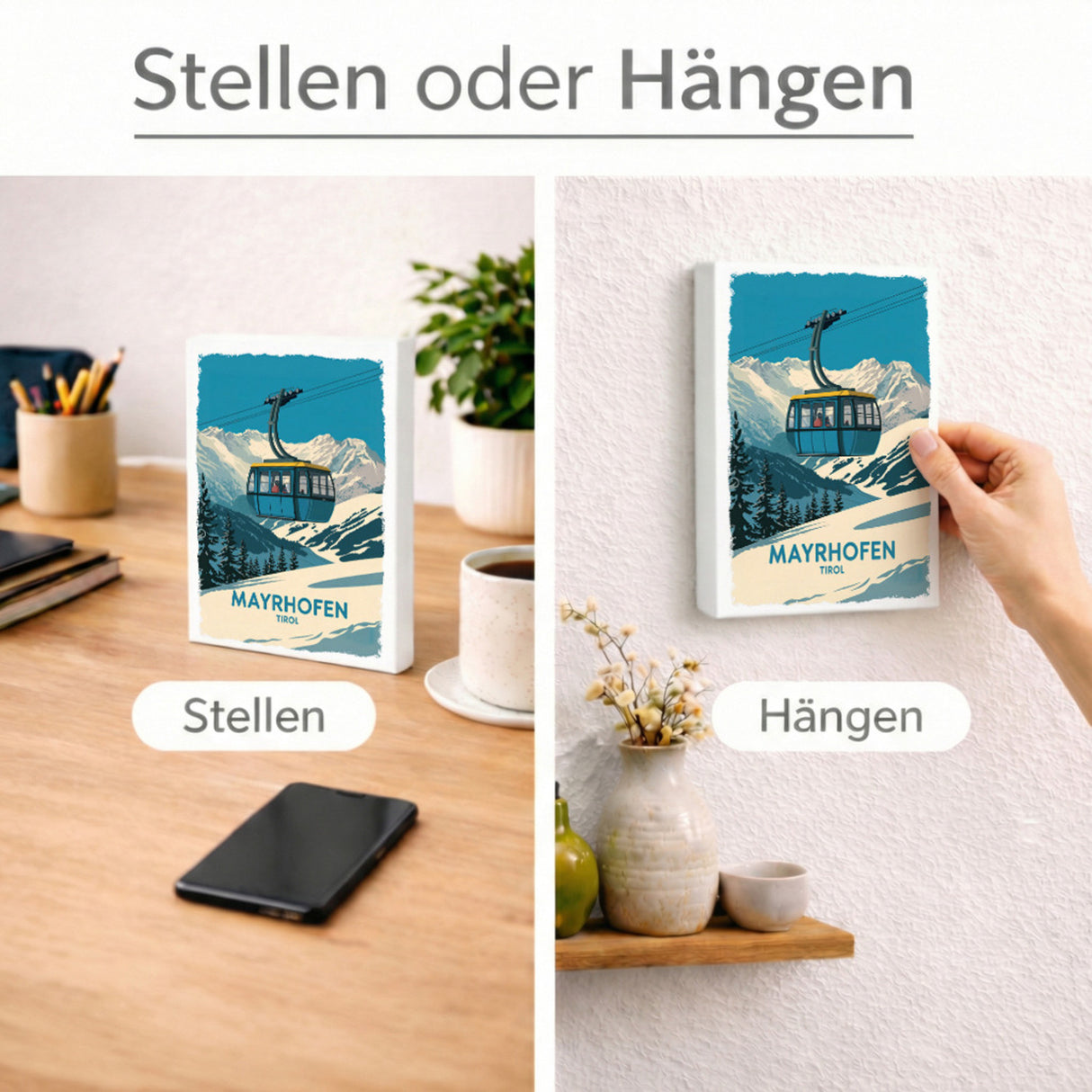 Mayrhofen Tirol Holzbild in 20x15 cm zum Stellen oder Aufhängen mit blau-gelber Seilbahn