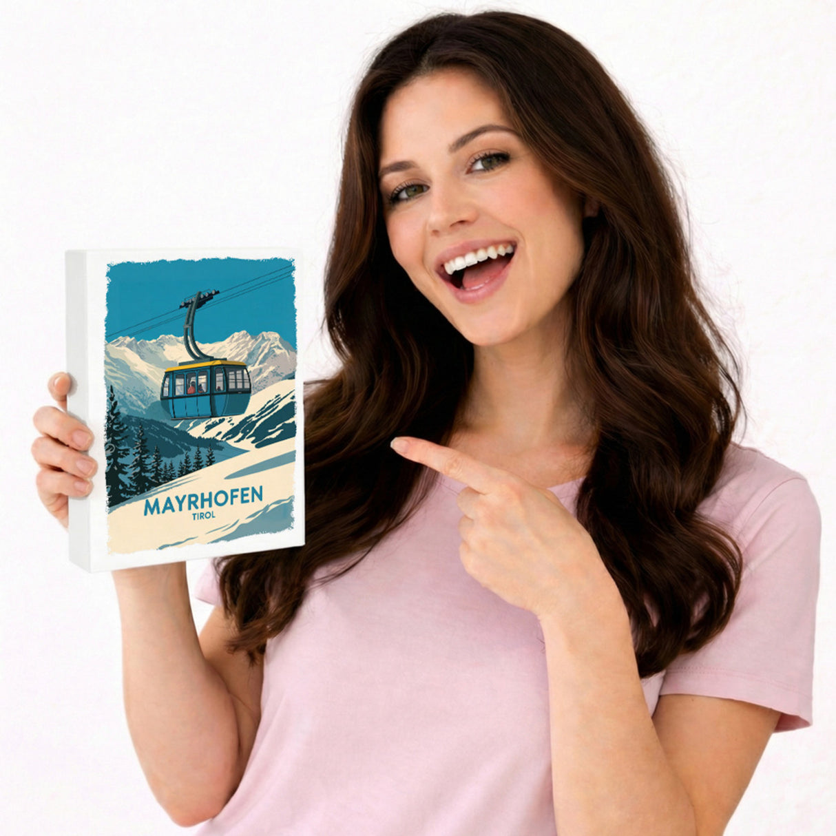 Mayrhofen Tirol Holzbild in 20x15 cm zum Stellen oder Aufhängen mit blau-gelber Seilbahn