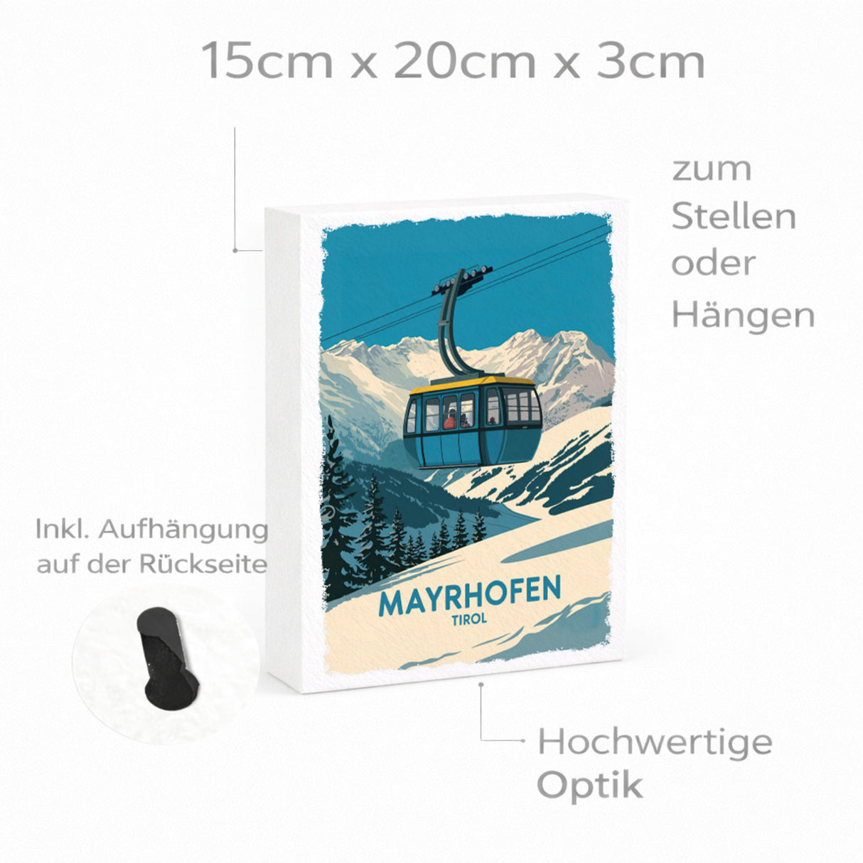 Mayrhofen Tirol Holzbild in 20x15 cm zum Stellen oder Aufhängen mit blau-gelber Seilbahn
