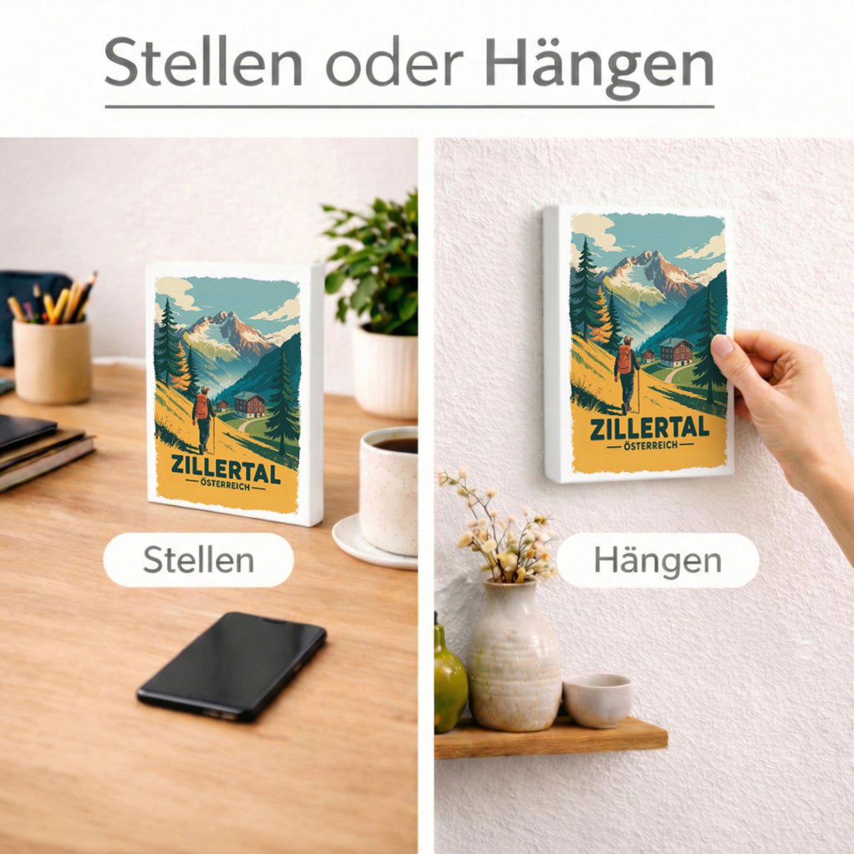 Vintage Zillertal Holzbild in 20x15 cm zum Stellen oder Aufhängen mit Wanderer