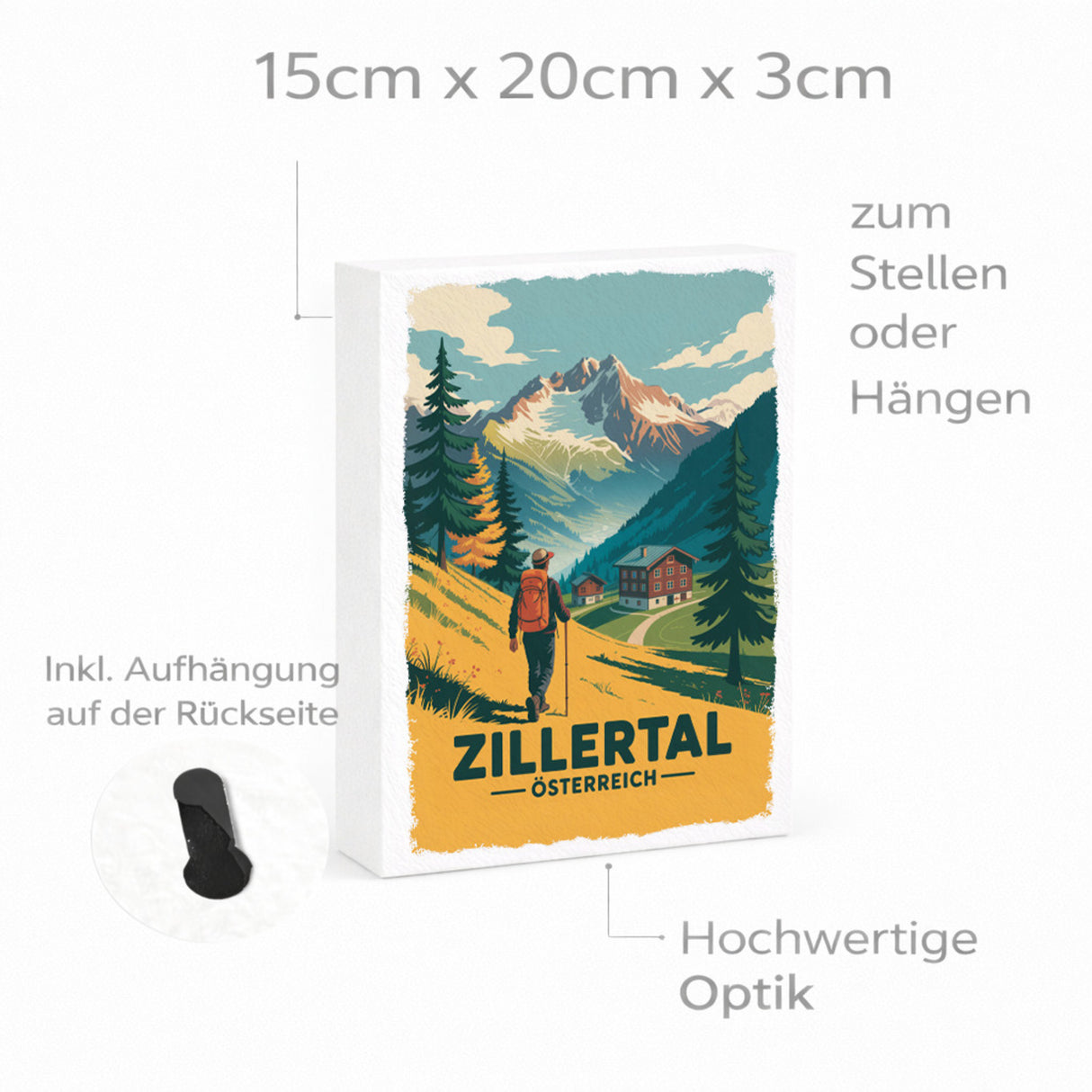 Vintage Zillertal Holzbild in 20x15 cm zum Stellen oder Aufhängen mit Wanderer