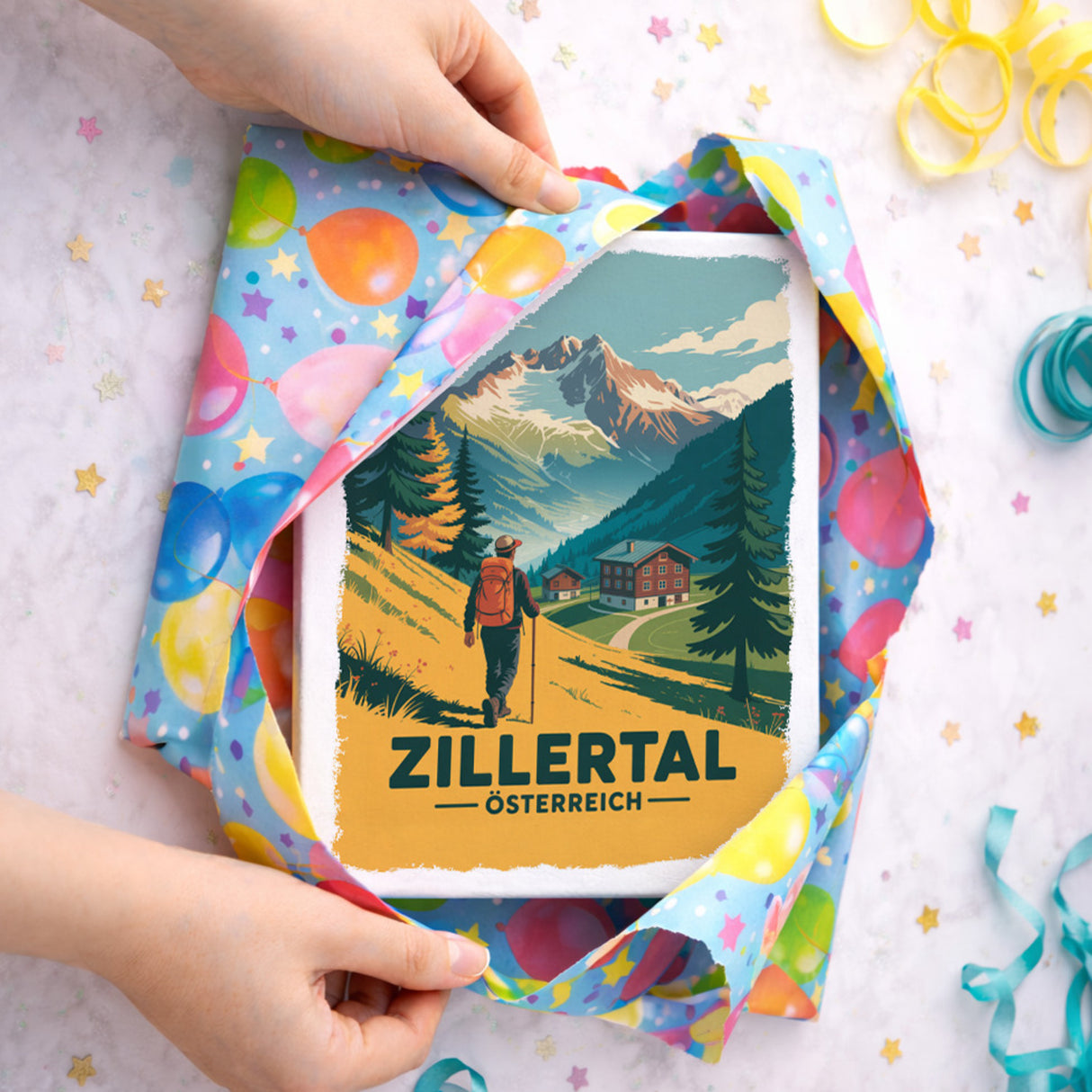 Vintage Zillertal Holzbild in 20x15 cm zum Stellen oder Aufhängen mit Wanderer