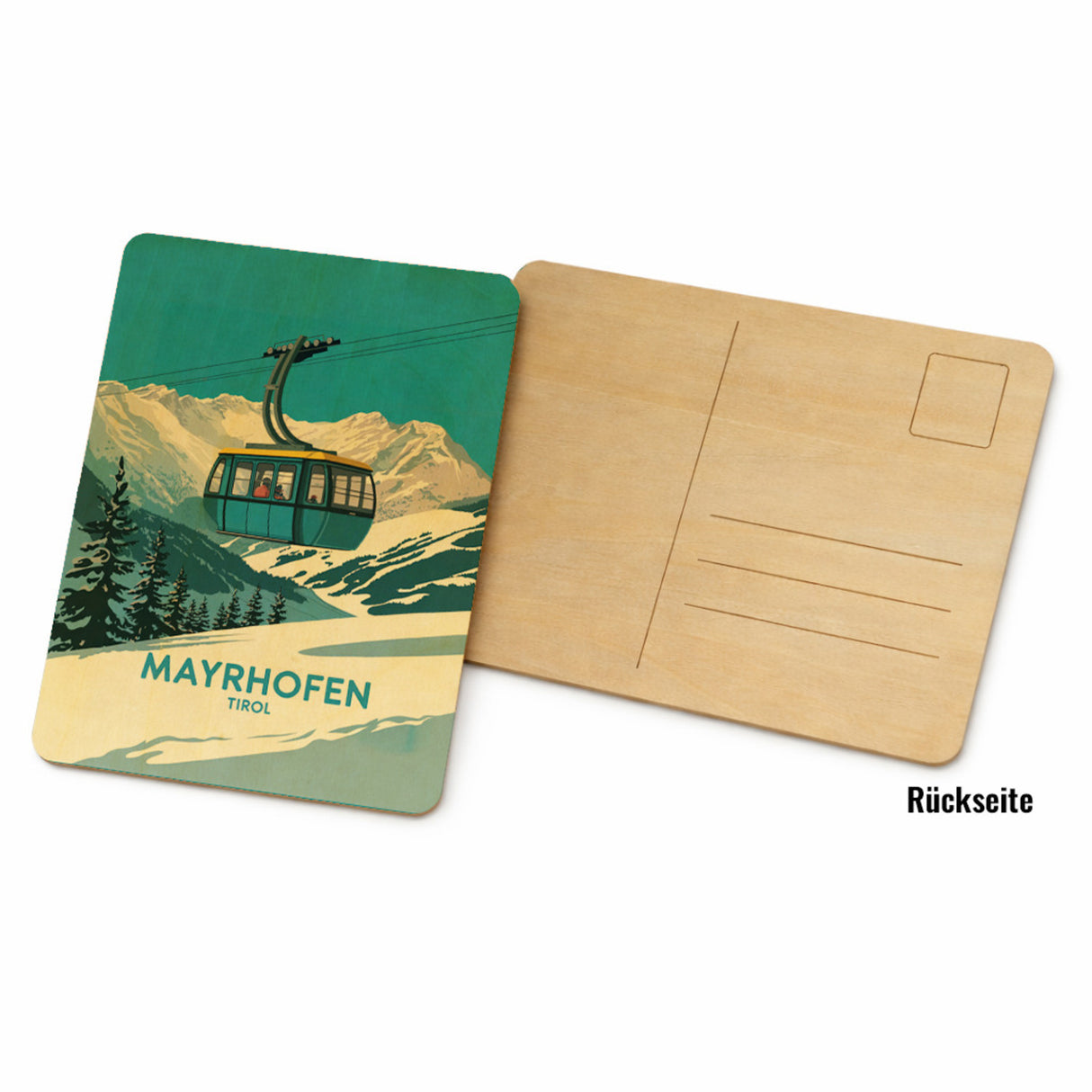 Mayrhofen Tirol Postkarte aus Holz mit blau-gelber Seilbahn