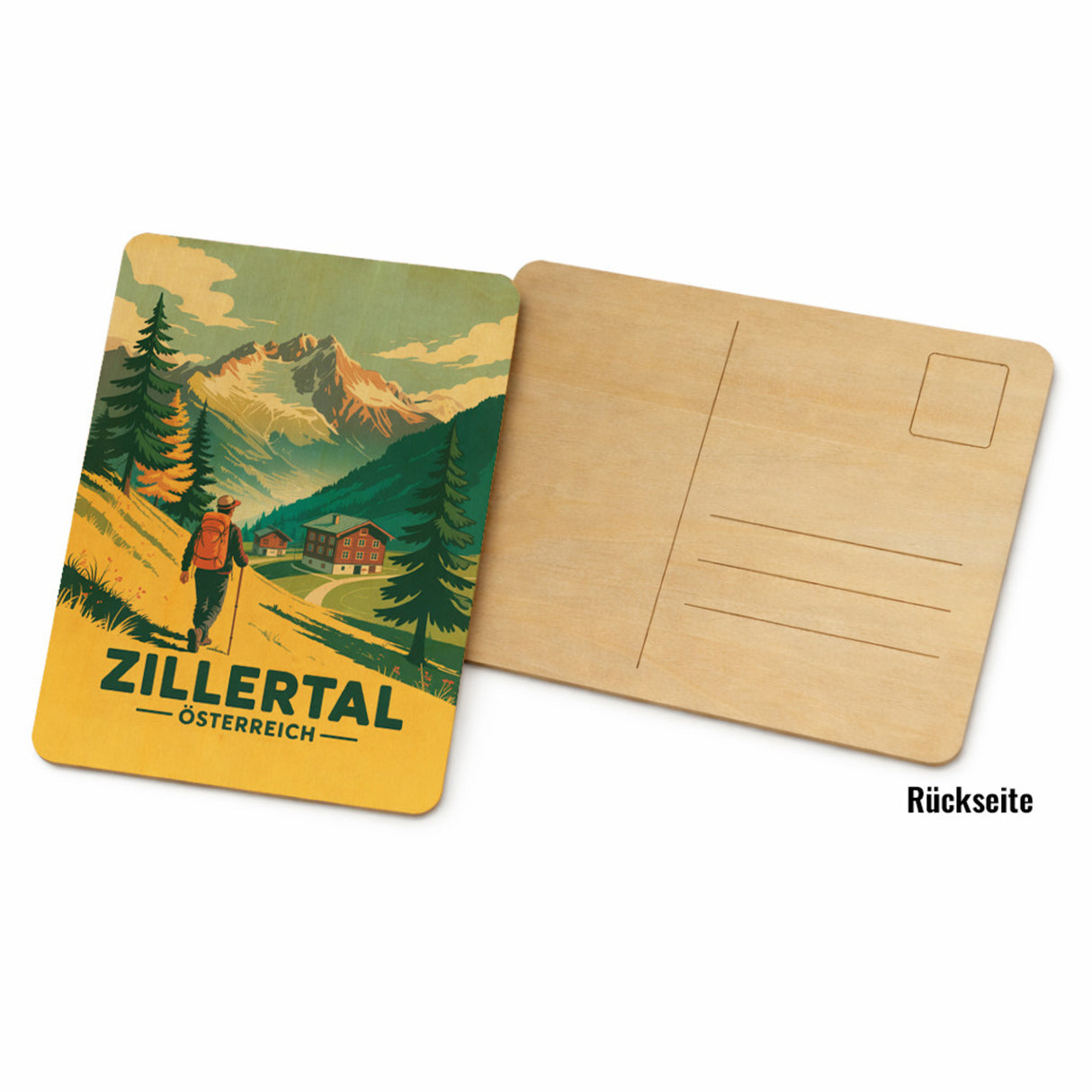 Vintage Zillertal Postkarte aus Holz mit Wanderer