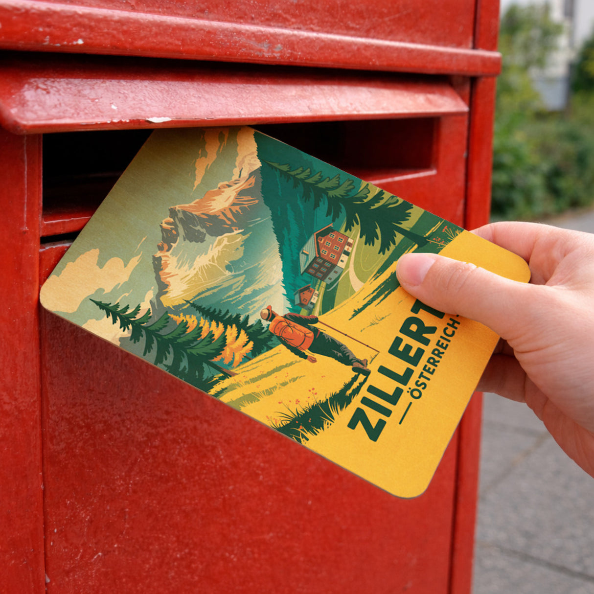 Vintage Zillertal Postkarte aus Holz mit Wanderer