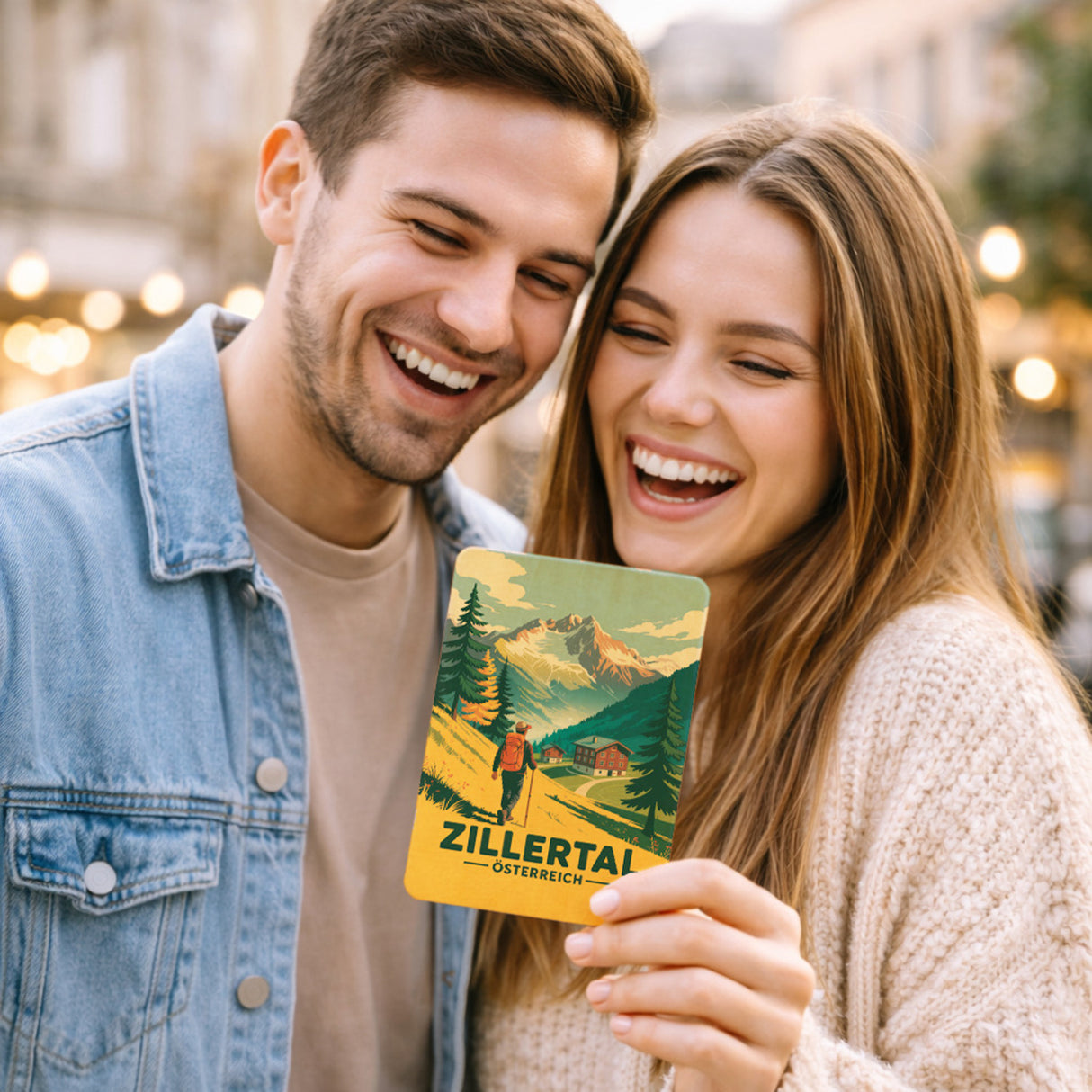 Vintage Zillertal Postkarte aus Holz mit Wanderer