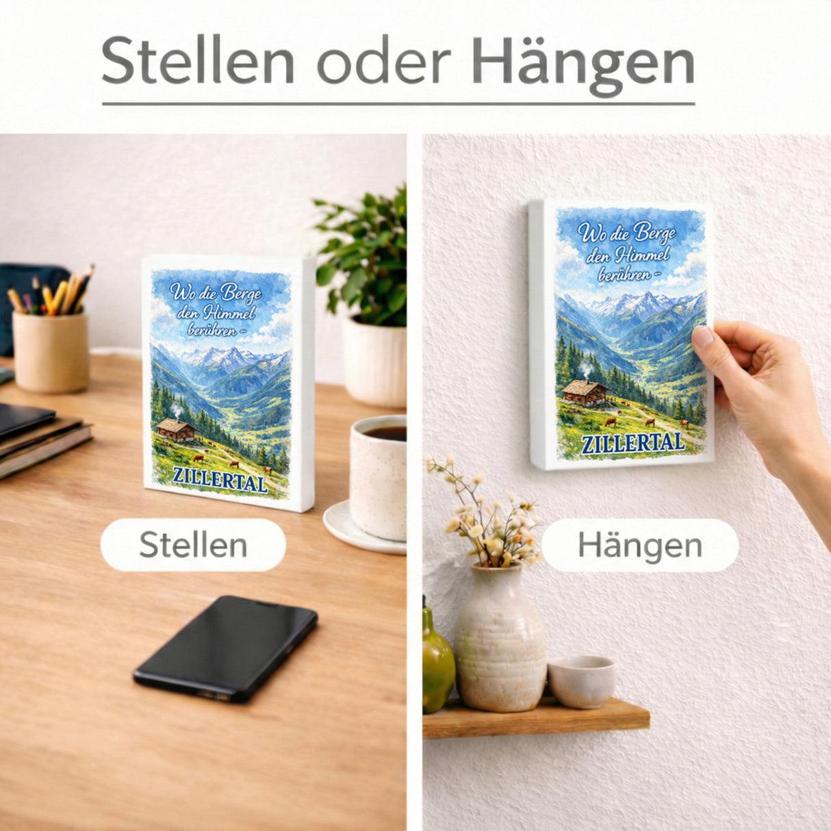 Wo die Berge den Himmel berühren Holzbild in 20x15 cm zum Stellen oder Aufhängen - Zillertal