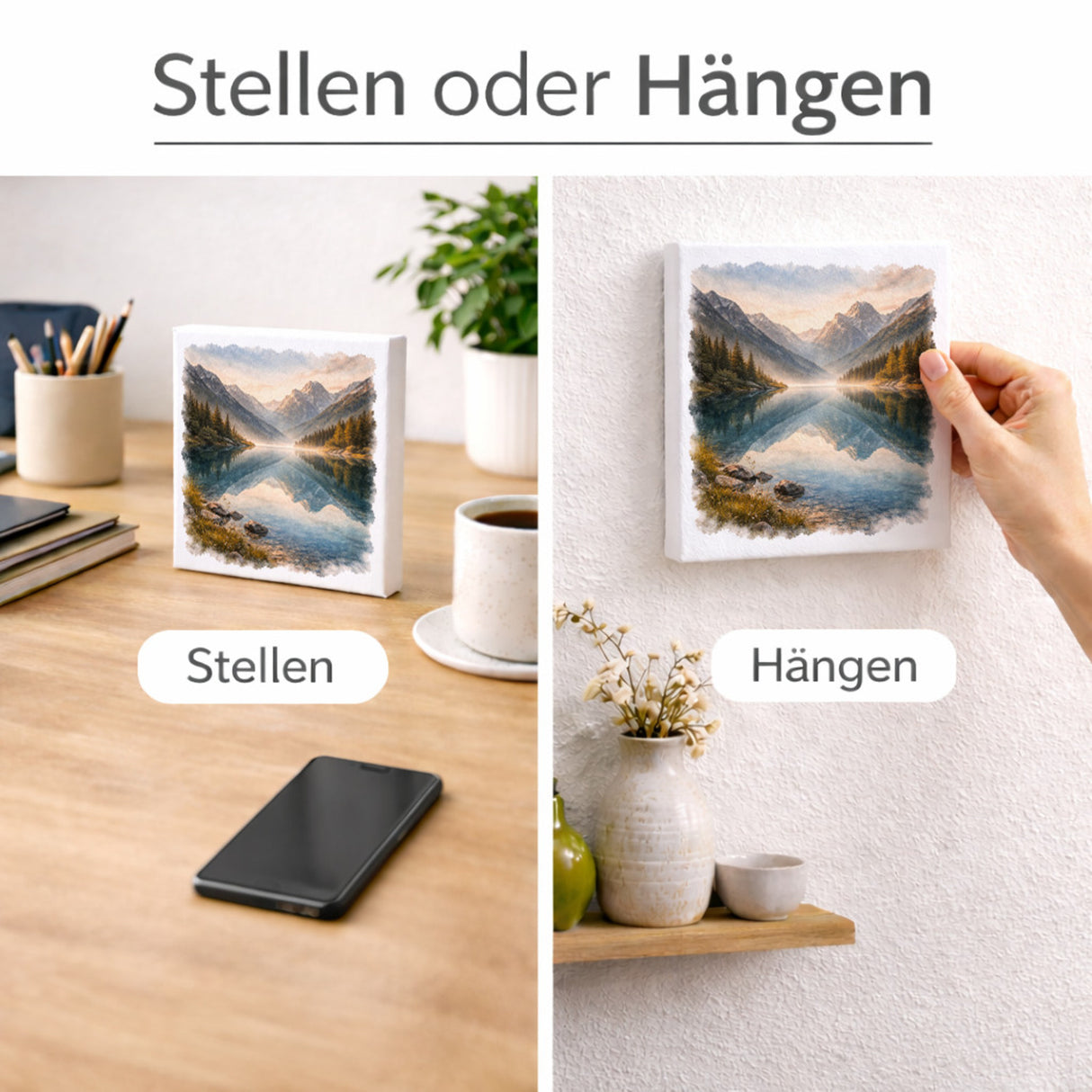 Licht der Berge Bergsee Holzbild in 10x10 cm zum Stellen oder Aufhängen
