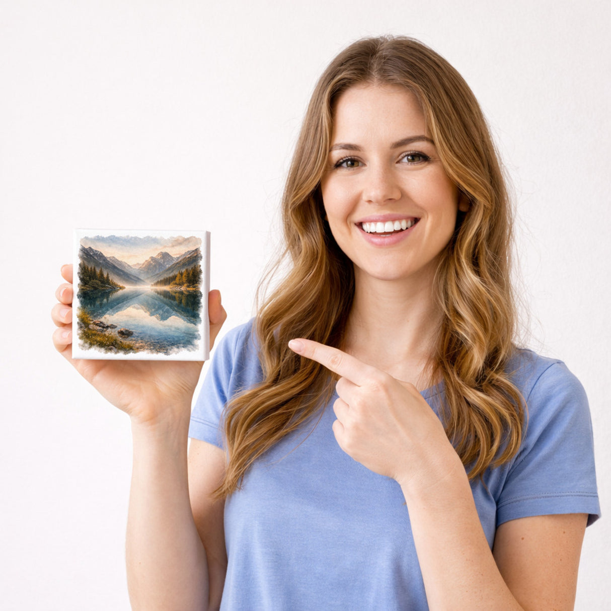 Licht der Berge Bergsee Holzbild in 10x10 cm zum Stellen oder Aufhängen