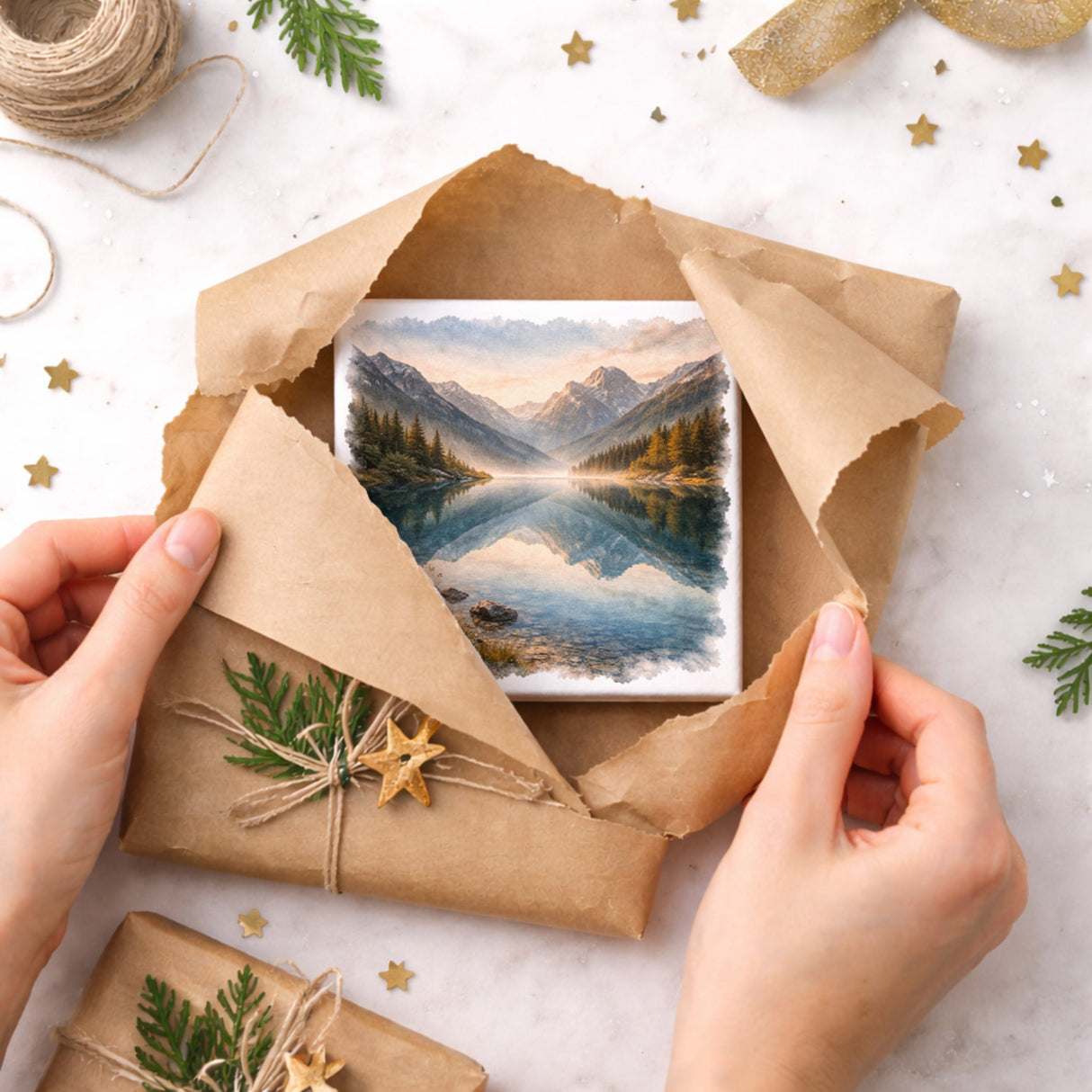 Licht der Berge Bergsee Holzbild in 10x10 cm zum Stellen oder Aufhängen