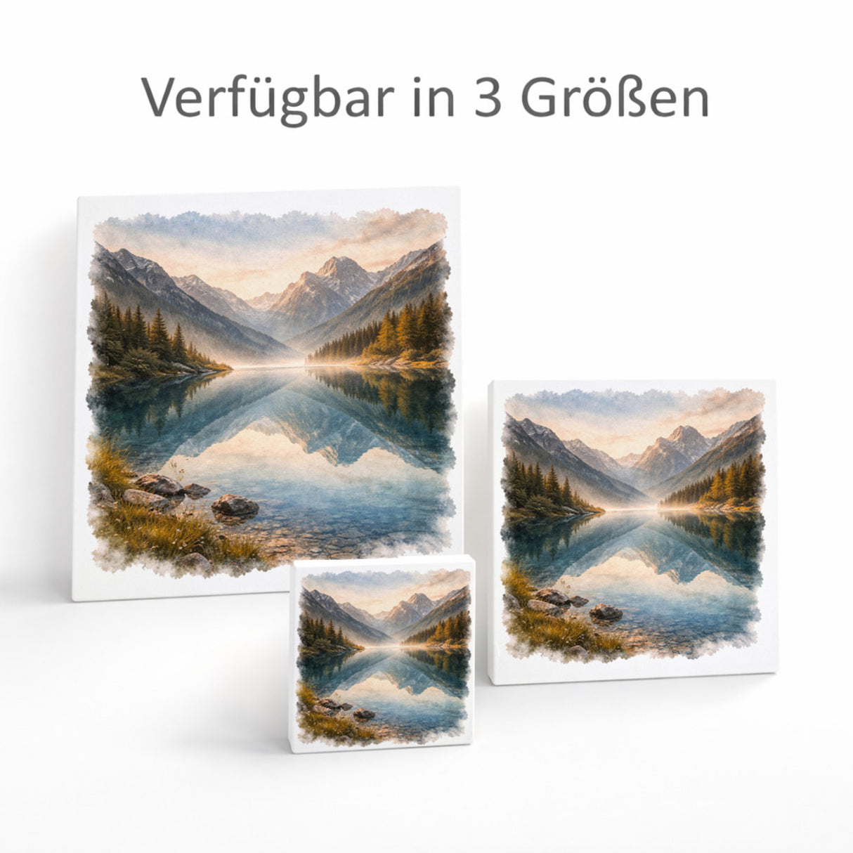 Licht der Berge Bergsee Holzbild in 10x10 cm zum Stellen oder Aufhängen