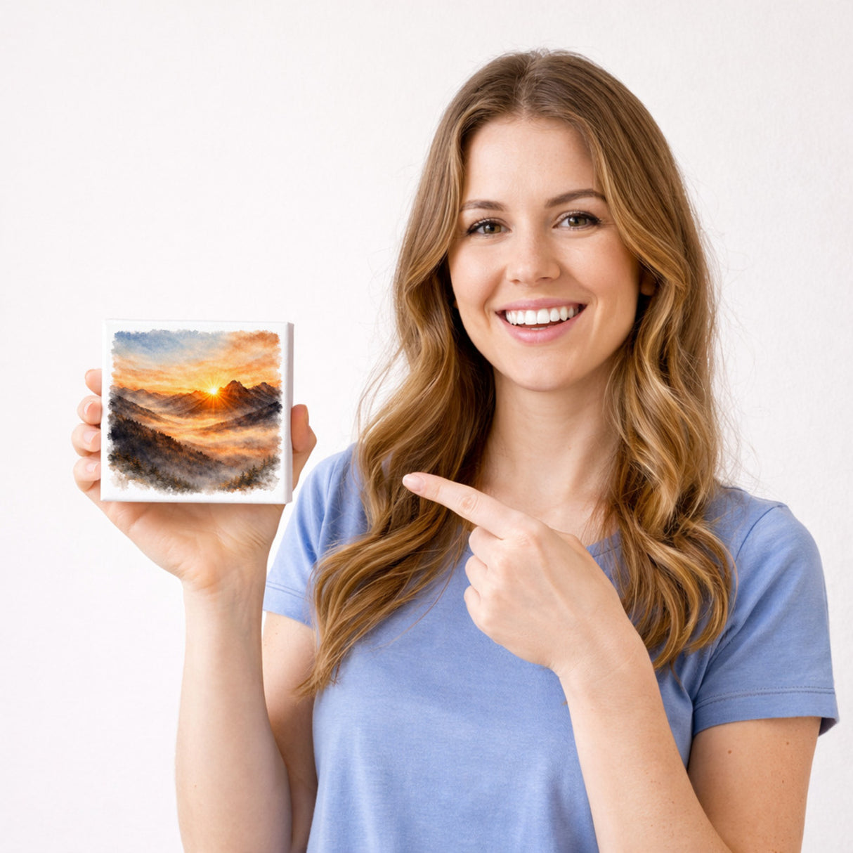 Licht der Berge Sonnenaufgang Holzbild in 10x10 cm zum Stellen oder Aufhängen