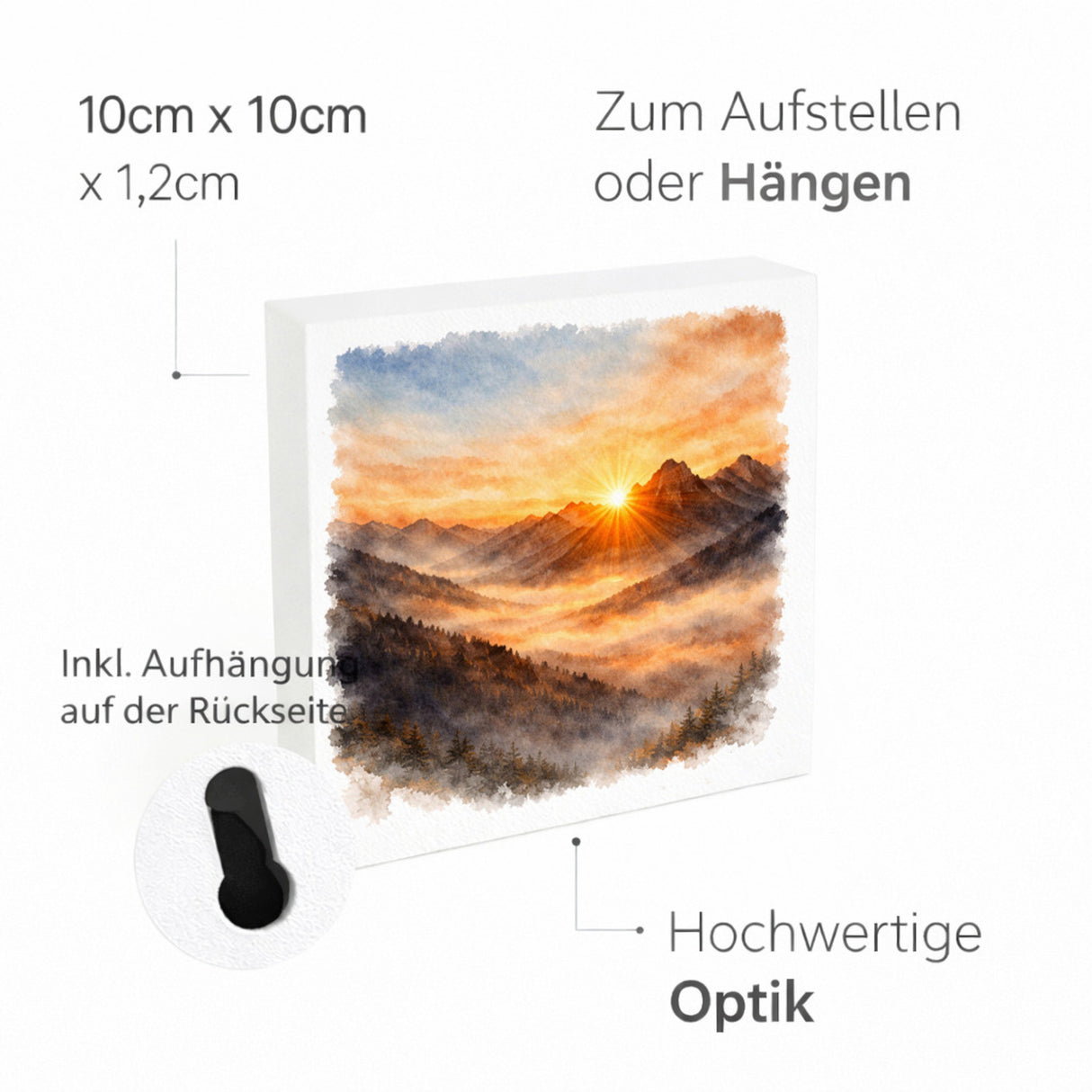 Licht der Berge Sonnenaufgang Holzbild in 10x10 cm zum Stellen oder Aufhängen