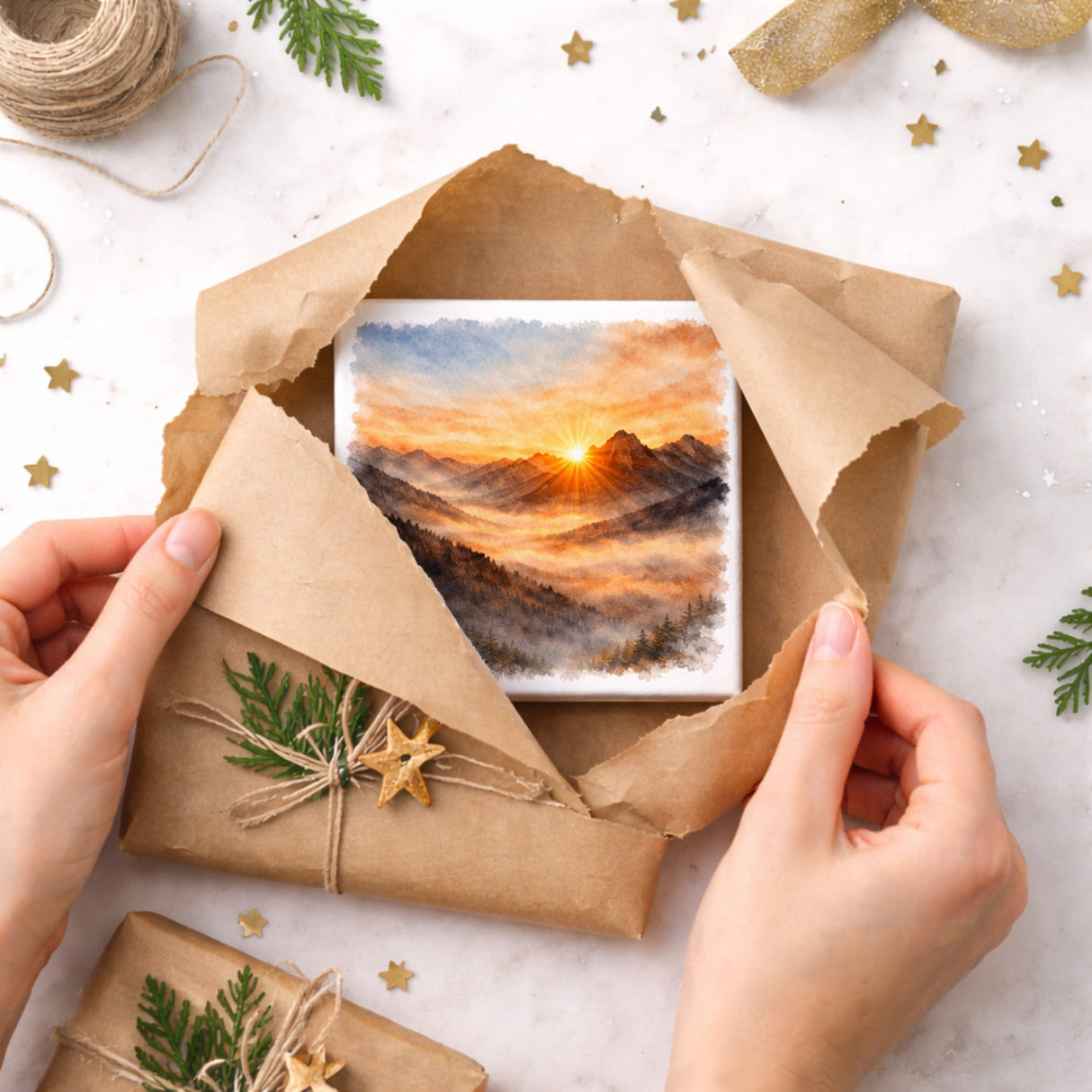 Licht der Berge Sonnenaufgang Holzbild in 10x10 cm zum Stellen oder Aufhängen