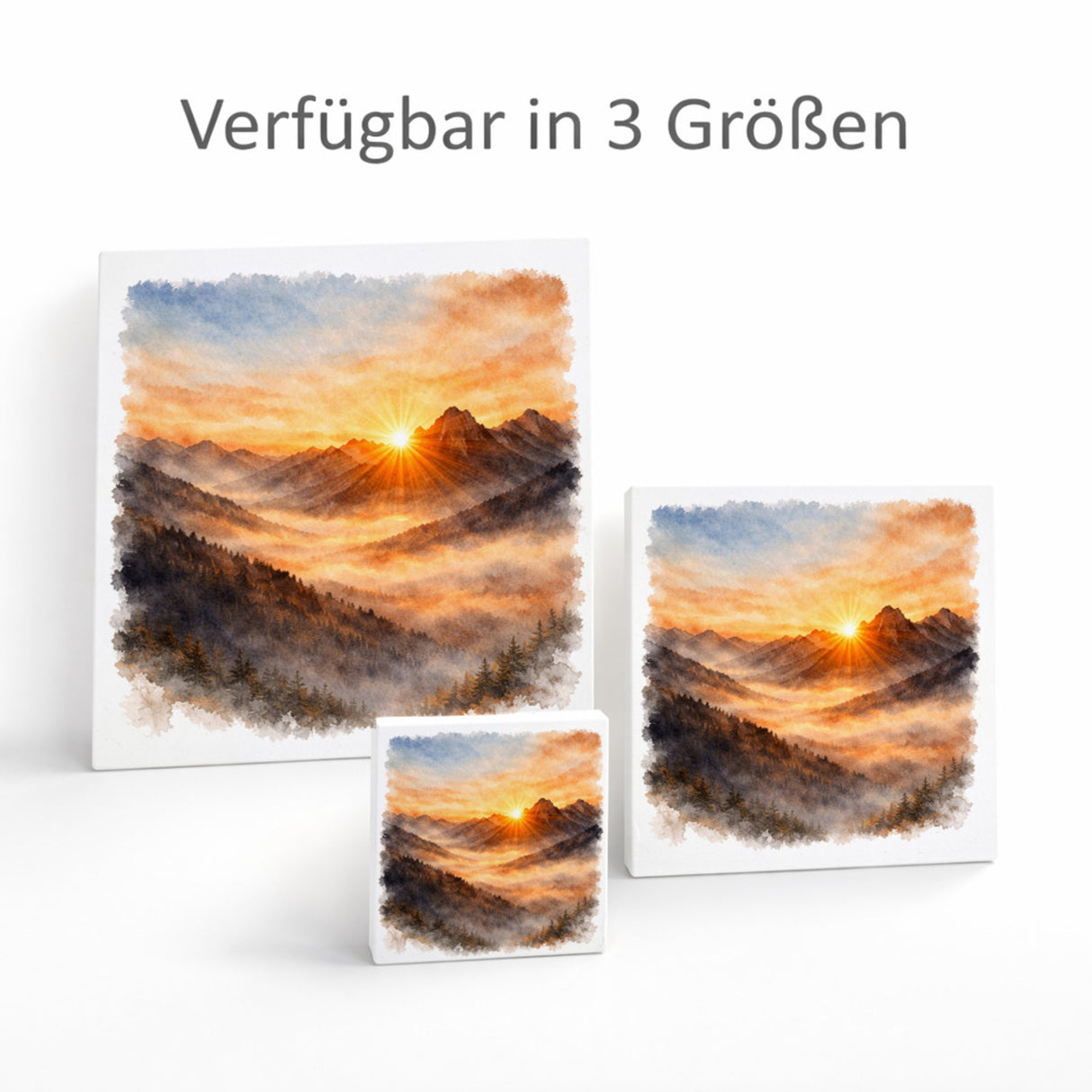 Licht der Berge Sonnenaufgang Holzbild in 10x10 cm zum Stellen oder Aufhängen