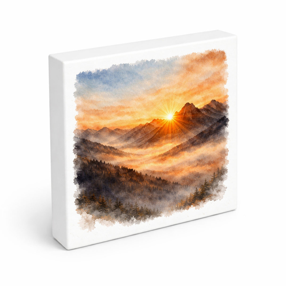 Licht der Berge Sonnenaufgang Holzbild in 10x10 cm zum Stellen oder Aufhängen