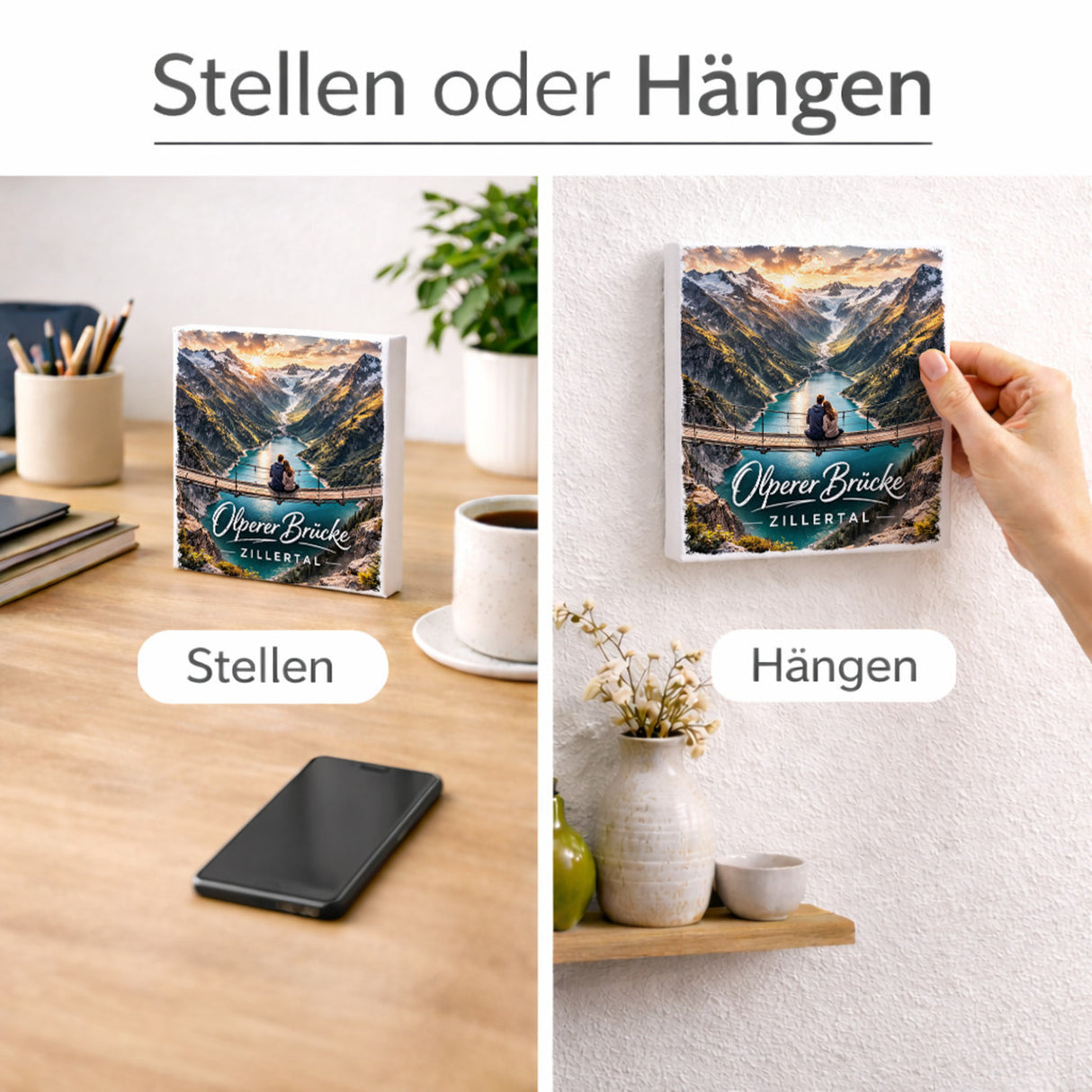 Olperer Brücke Holzbild in 10x10 cm zum Stellen oder Aufhängen mit Sonnenuntergang