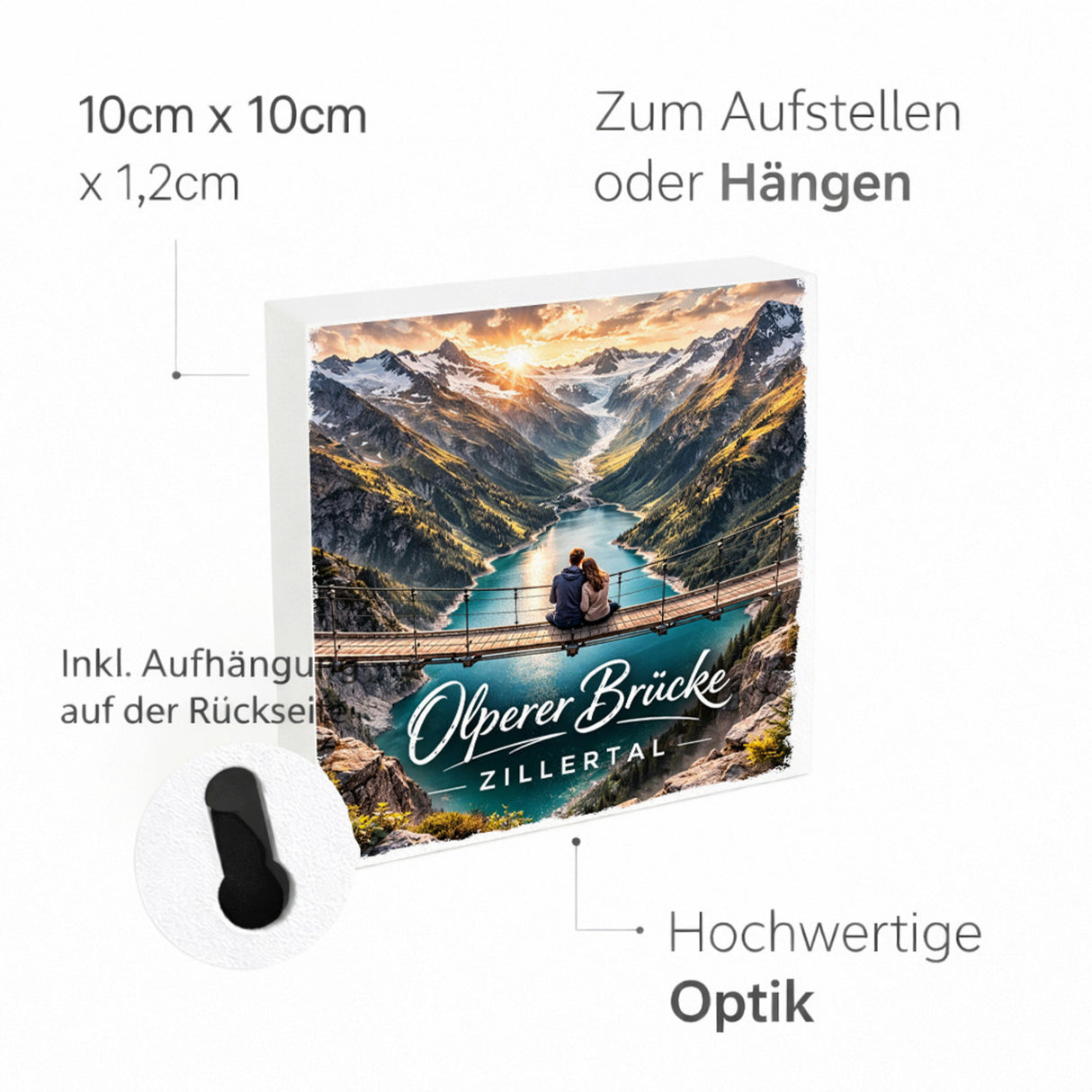 Olperer Brücke Holzbild in 10x10 cm zum Stellen oder Aufhängen mit Sonnenuntergang