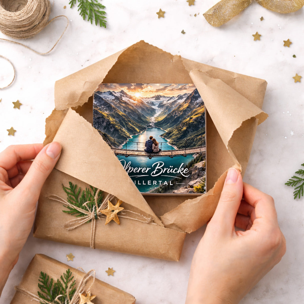 Olperer Brücke Holzbild in 10x10 cm zum Stellen oder Aufhängen mit Sonnenuntergang