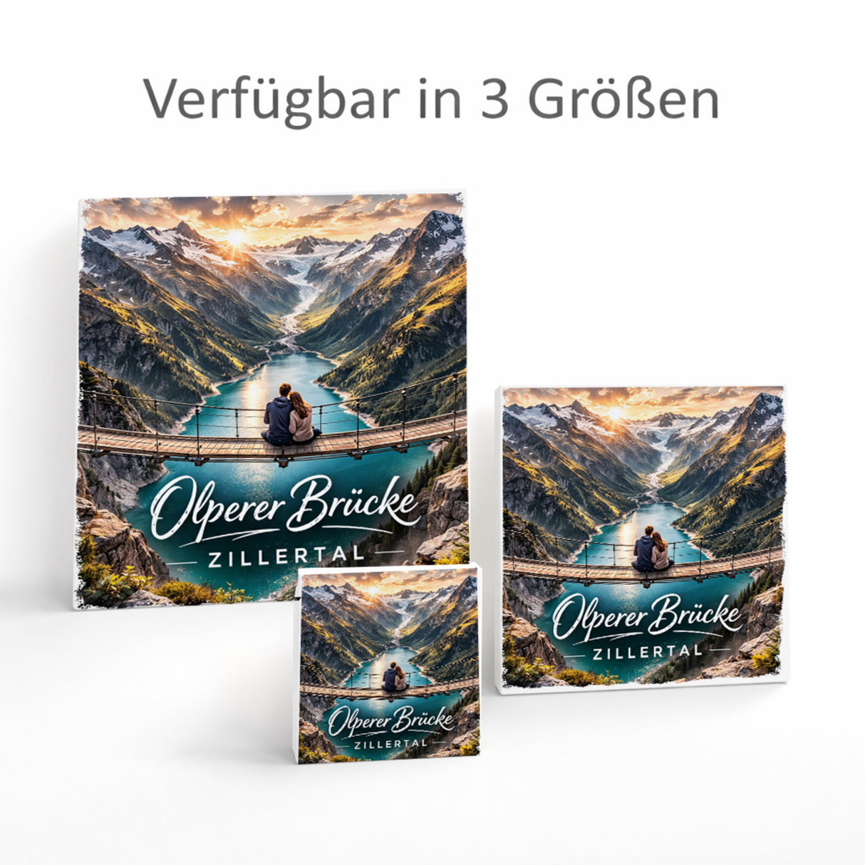 Olperer Brücke Holzbild in 10x10 cm zum Stellen oder Aufhängen mit Sonnenuntergang