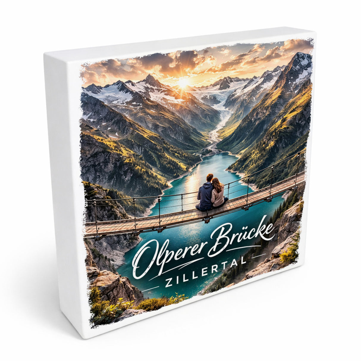 Olperer Brücke Holzbild in 10x10 cm zum Stellen oder Aufhängen mit Sonnenuntergang