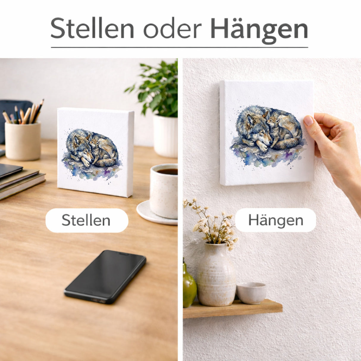 Wolfsrudel Wolf mit Welpe Holzbild in 10x10 cm zum Stellen oder Aufhängen