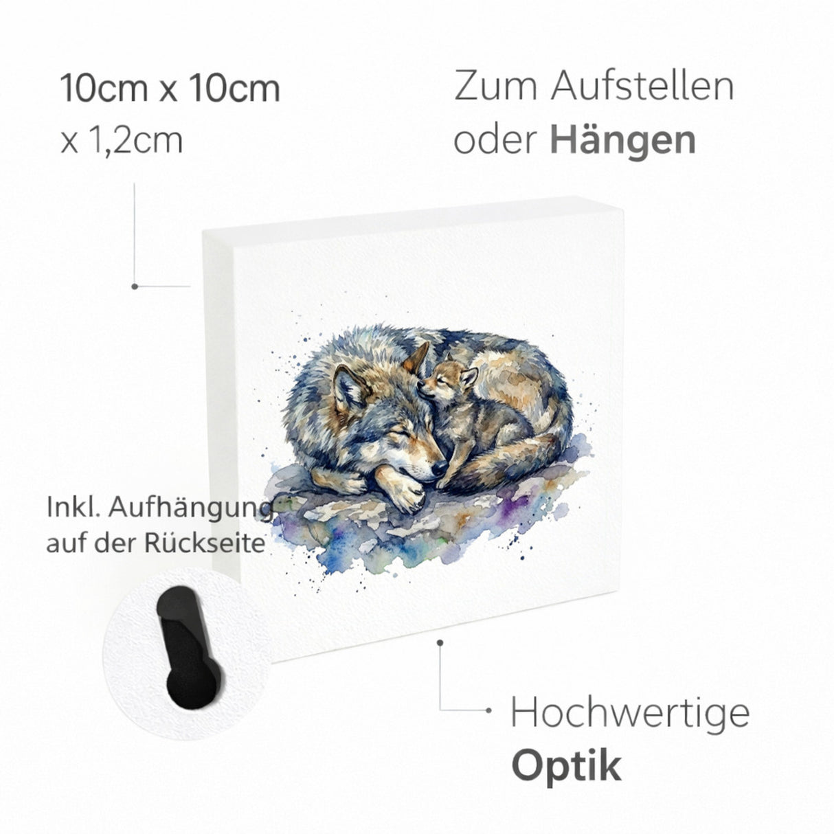 Wolfsrudel Wolf mit Welpe Holzbild in 10x10 cm zum Stellen oder Aufhängen