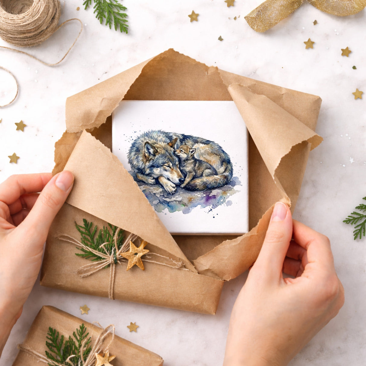 Wolfsrudel Wolf mit Welpe Holzbild in 10x10 cm zum Stellen oder Aufhängen