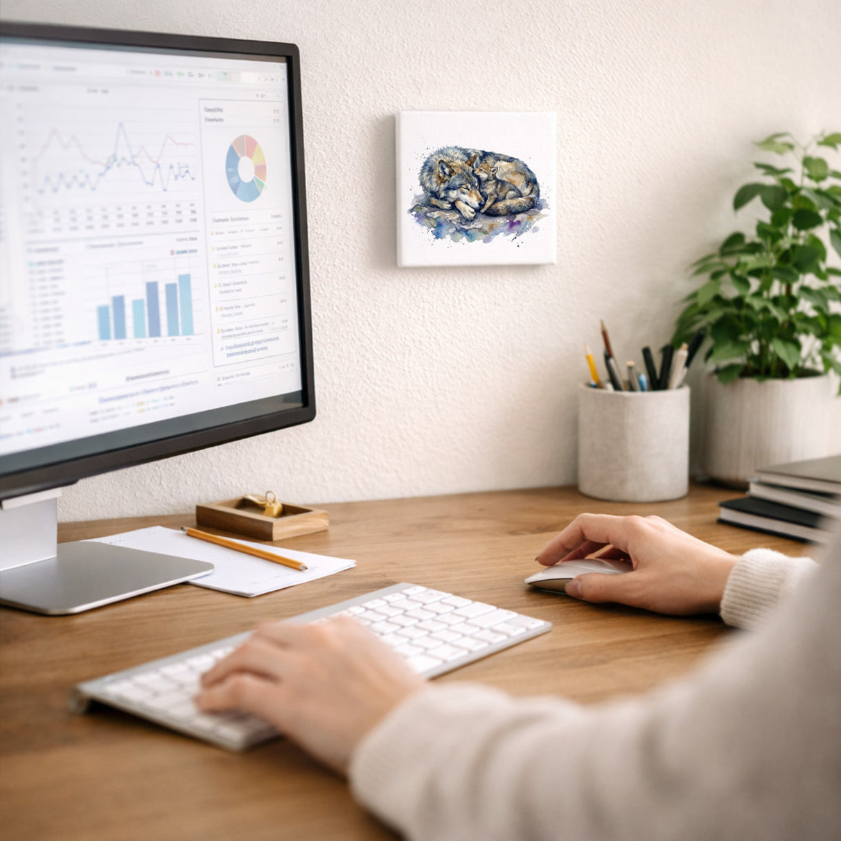 Wolfsrudel Wolf mit Welpe Holzbild in 10x10 cm zum Stellen oder Aufhängen