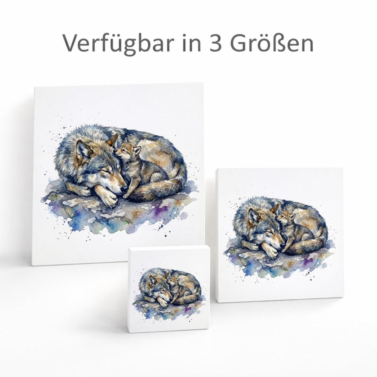 Wolfsrudel Wolf mit Welpe Holzbild in 10x10 cm zum Stellen oder Aufhängen